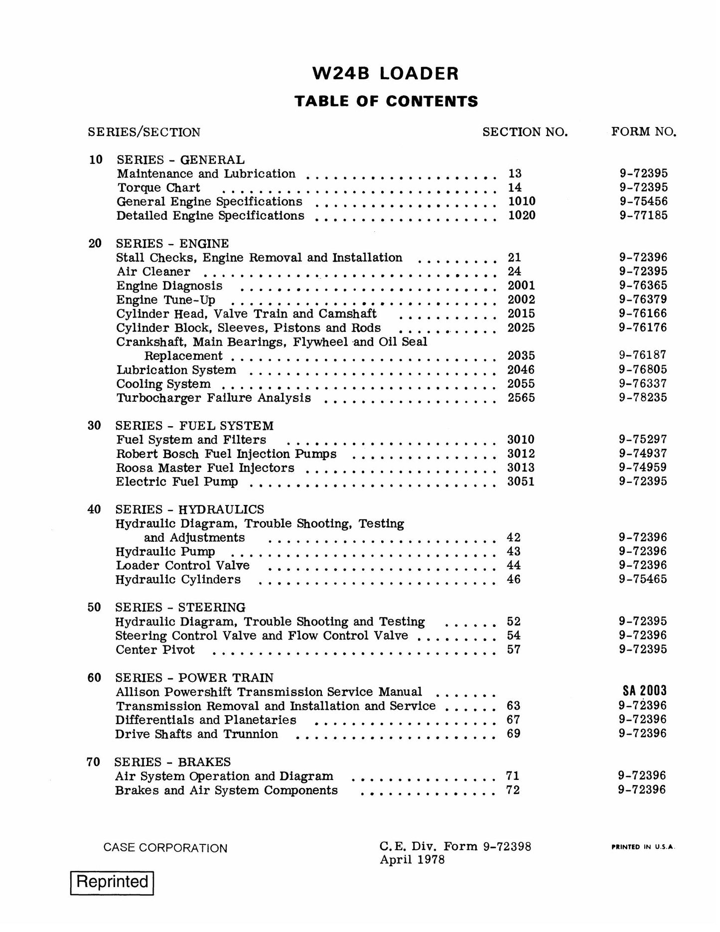 CASE W24B Wheel Loader Factory Workshop Service Manual 9-72398