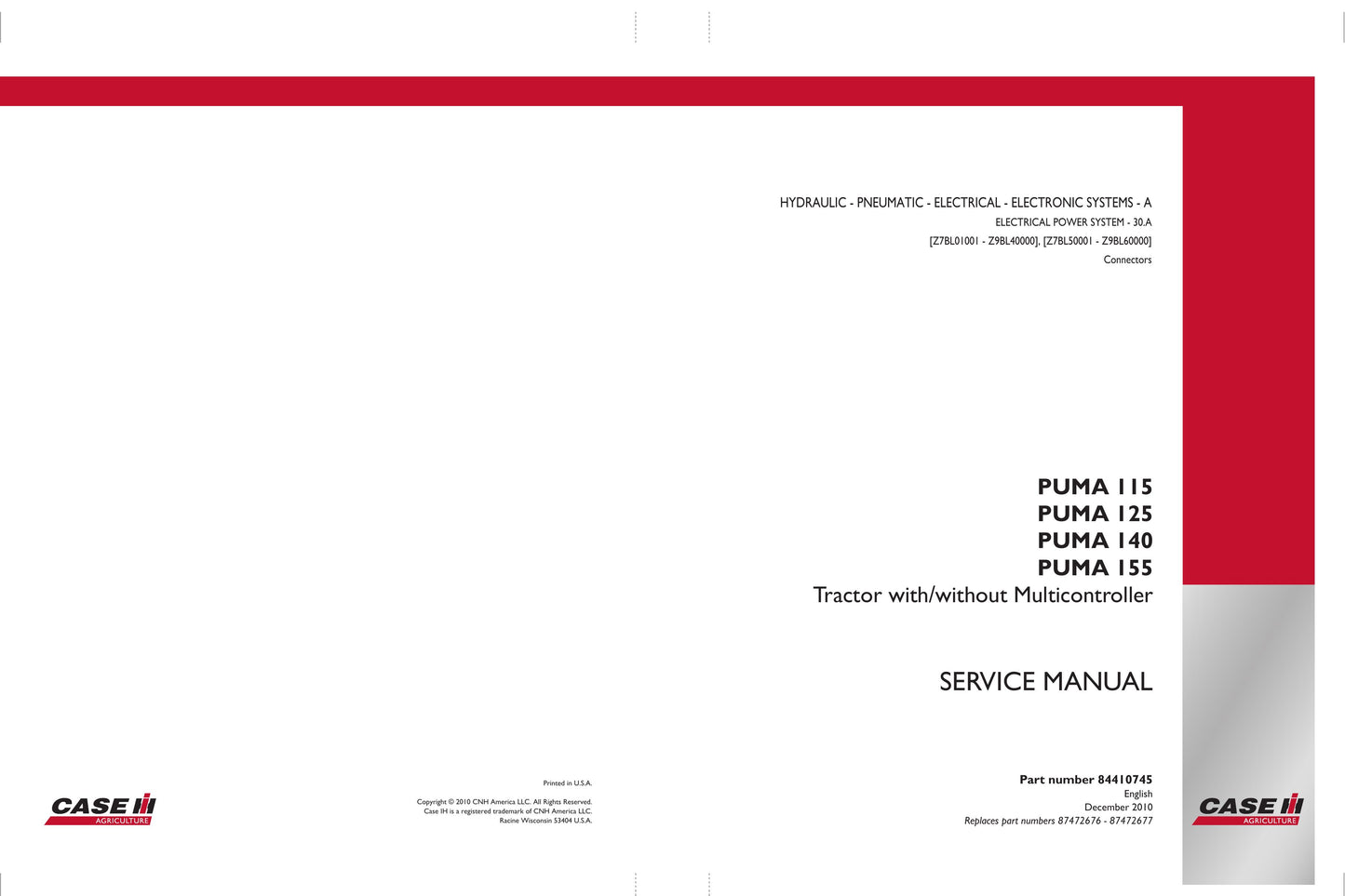 CASE IH PUMA 115 PUMA 125 PUMA 140 PUMA 155 Tractor Factory Workshop Service Manual 84410745