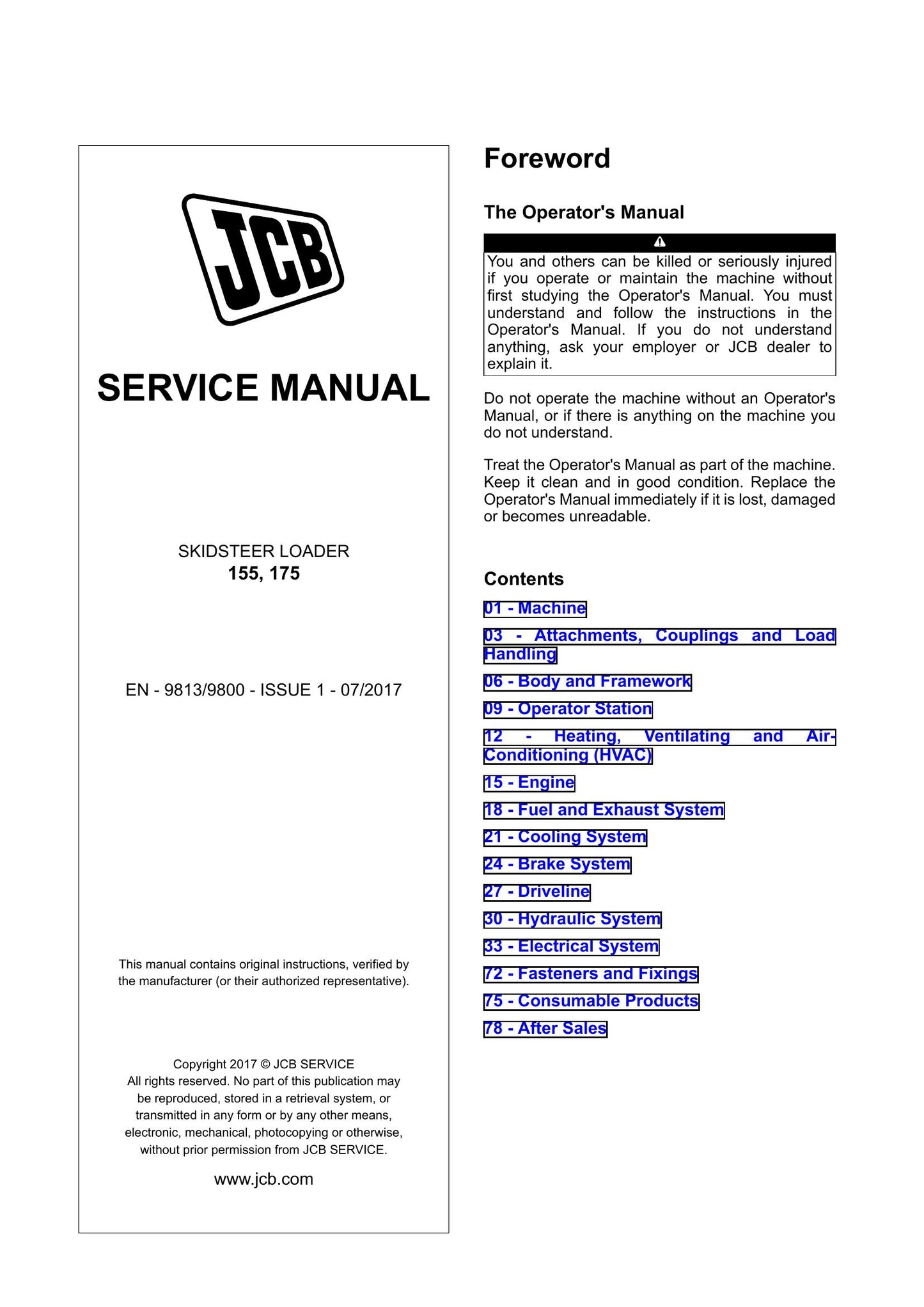 JCB 155 175 Skid Steer Loader Factory Workshop Service Manual 9813/9800