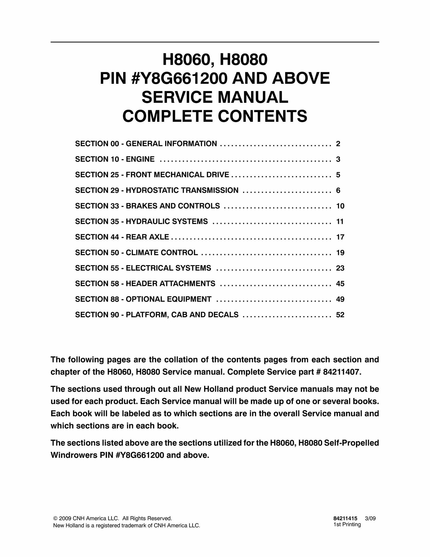 New Holland H8060 H8080 Self-Propelled Windrower Factory Workshop Service Manual 84211415