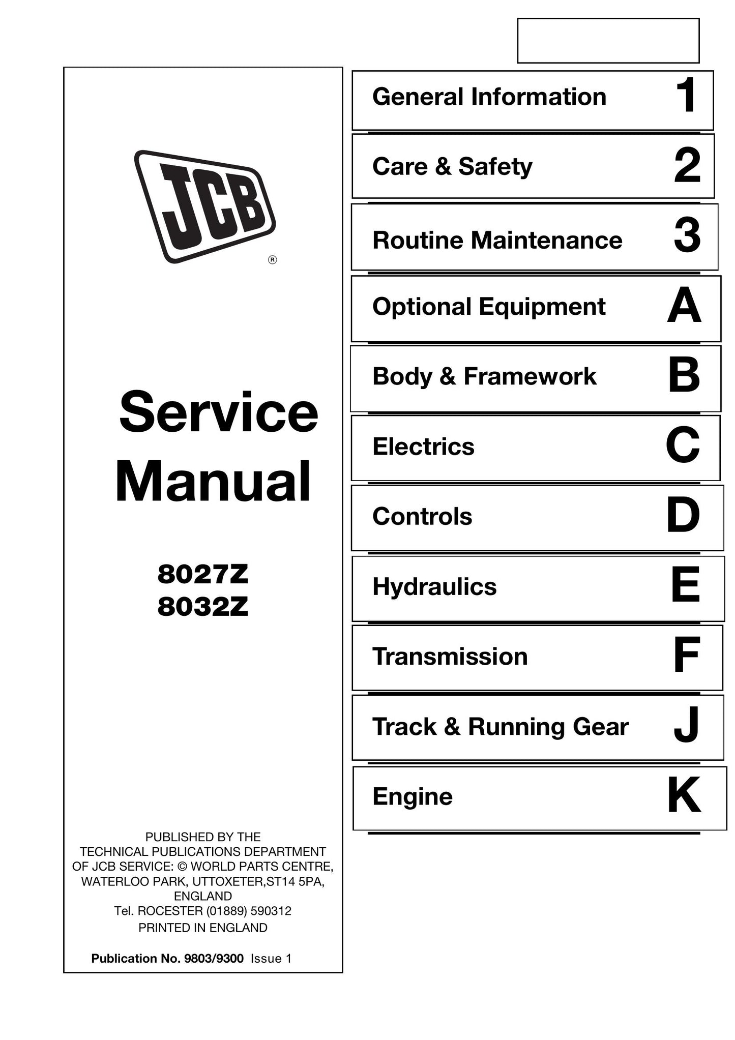 JCB 8027Z 8032Z Mini Excavator Factory Workshop Service Manual 9803/9300