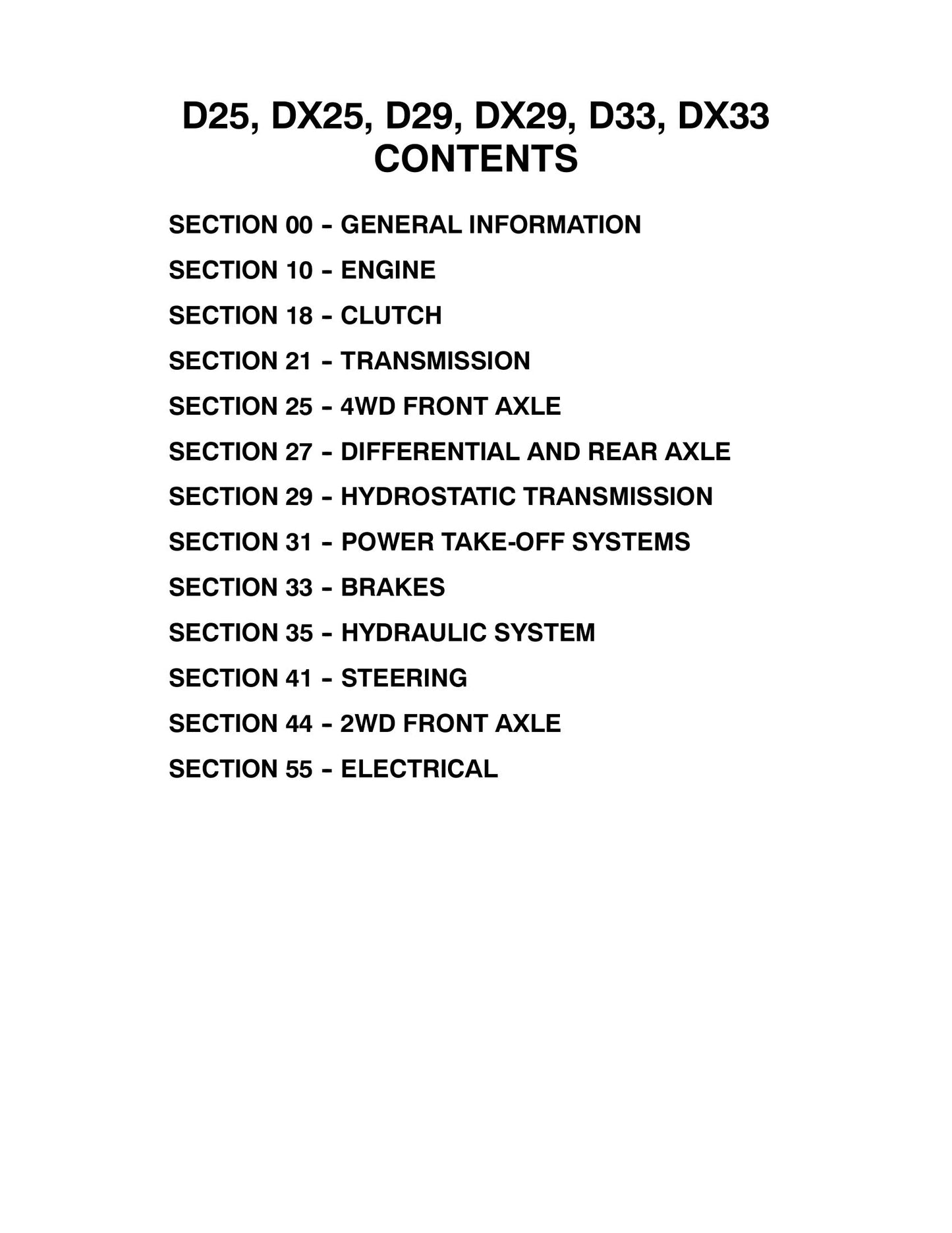 TYM D25 DX25 D29 DX29 D33 DX33 Tractor Factory Workshop Service Manual
