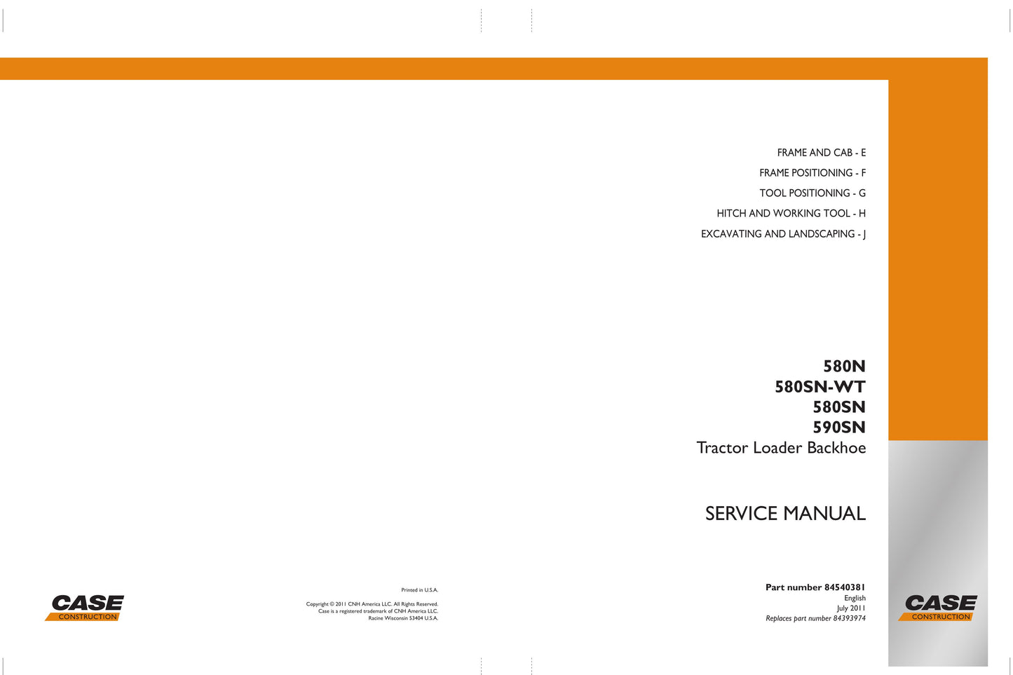 CASE 580N 580SN 580SN-WT 590SN Backhoe Loader Factory Workshop Service Manual 84540381