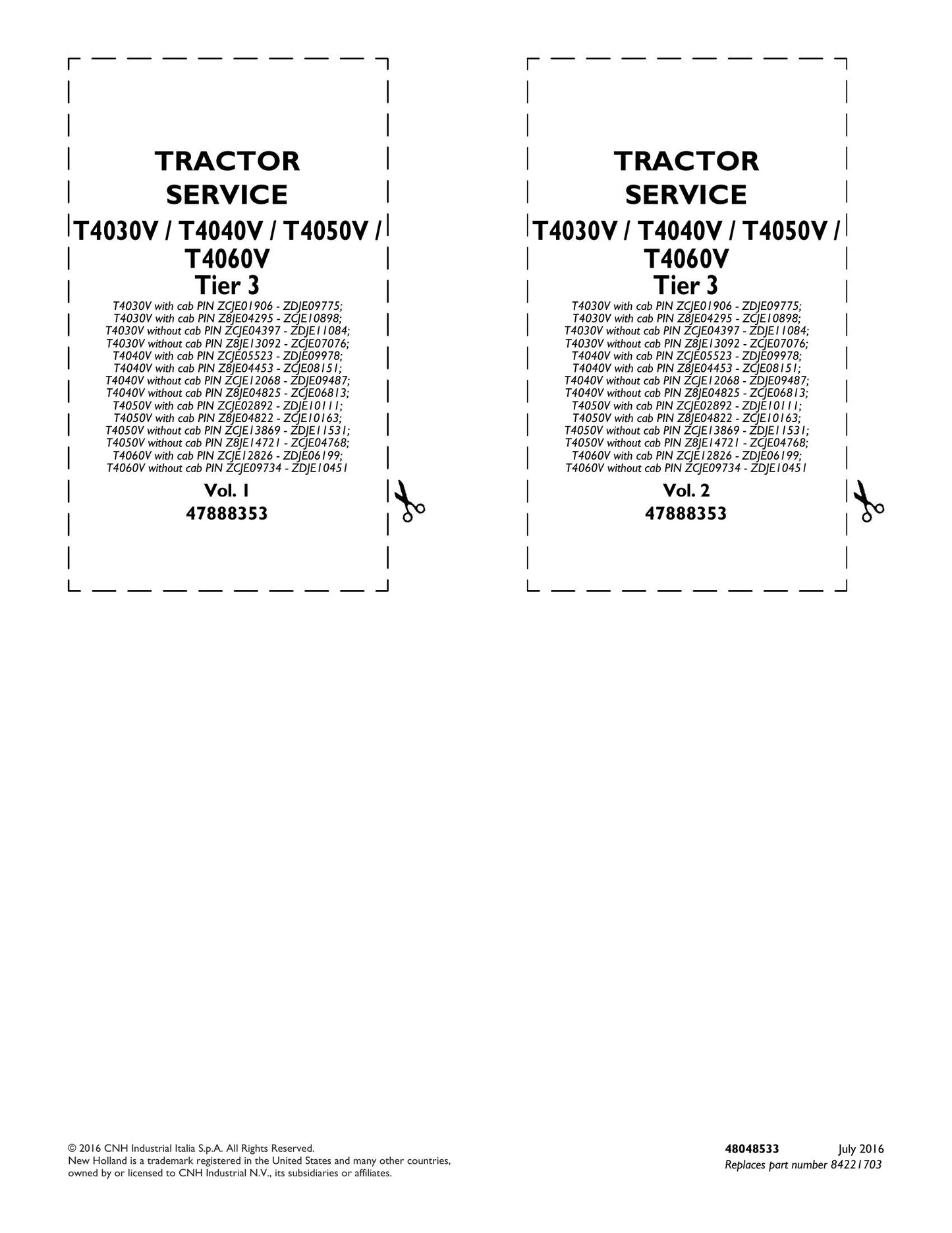 New Holland T4030V T4040V T4050V T4060V Tractor Factory Workshop Service Manual 48048525