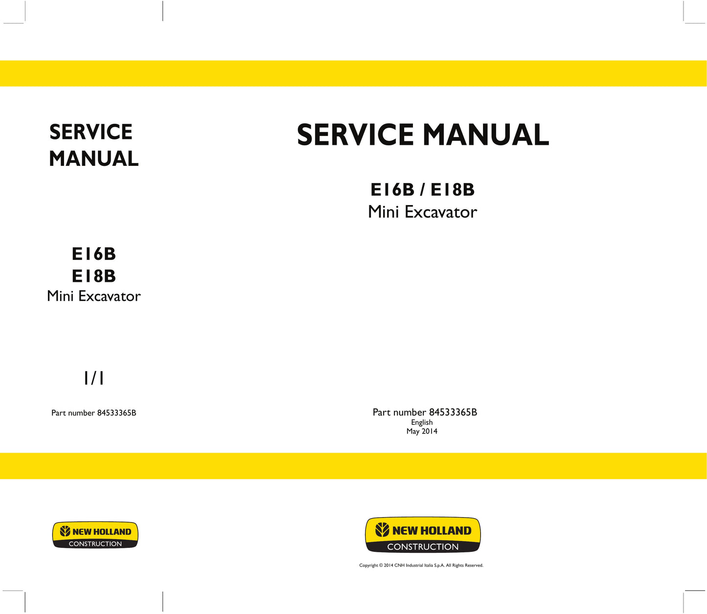 New Holland E16B E18B Mini Excavator Factory Workshop Service Manual 84533365B