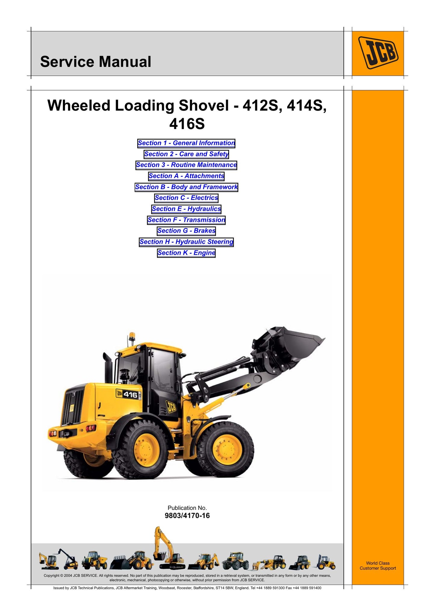 JCB 412S 414S 416S Wheel Loader Factory Workshop Service Manual 9803/4170
