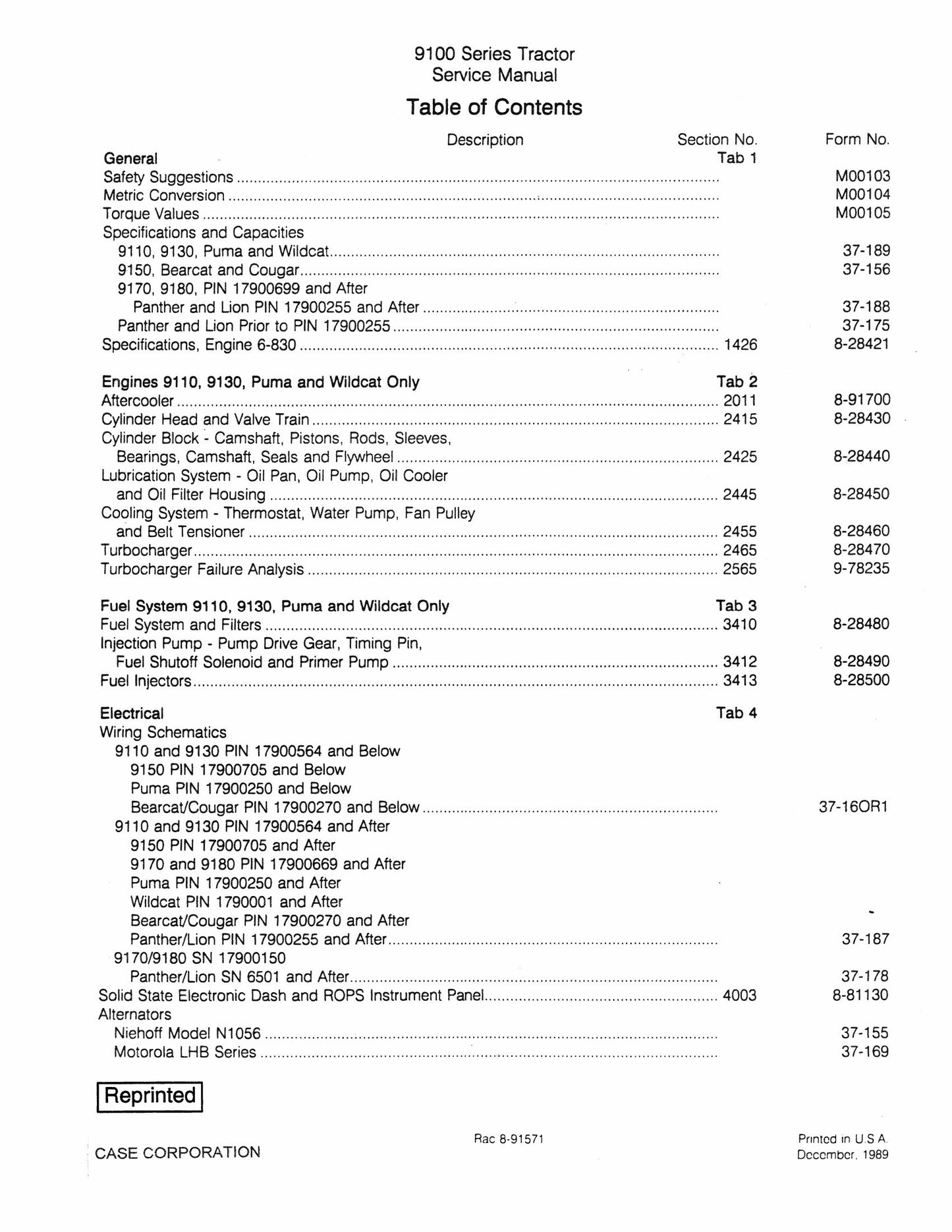 CASE 9110 9130 9150 9170 9180 Puma Panther Lion Bearcat Wildcat Tractor Factory Workshop Service Manual Rac-8-91571