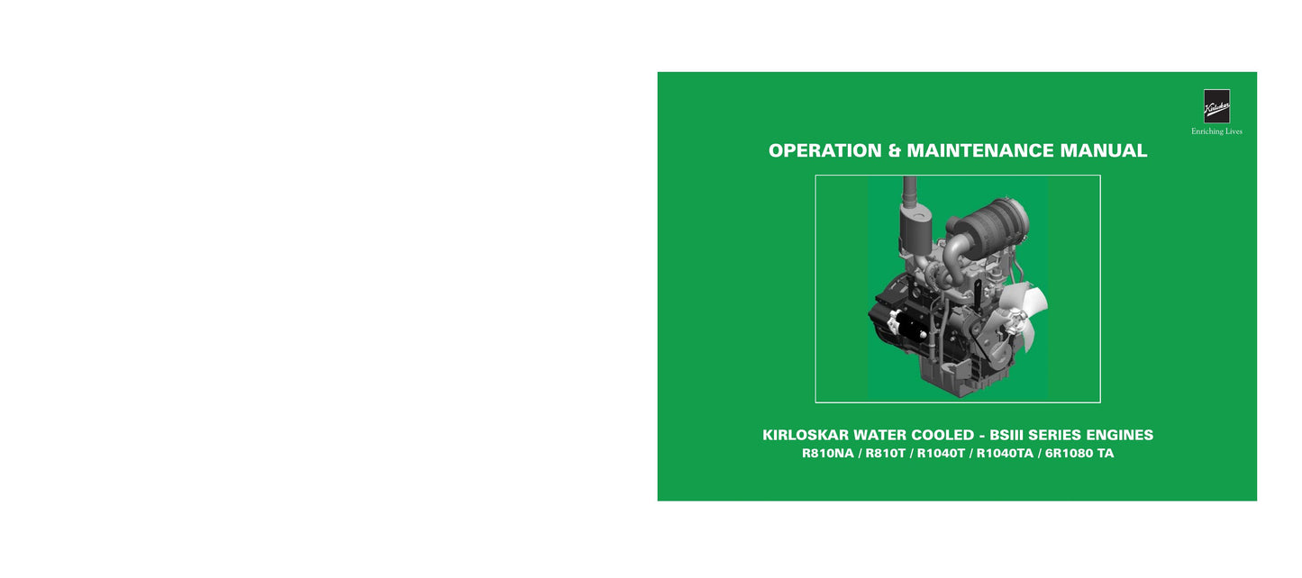 KIRLOSKAR R810 R1040 R1080 Engine Operation & Factory Workshop Maintenance Manual 9806-6000