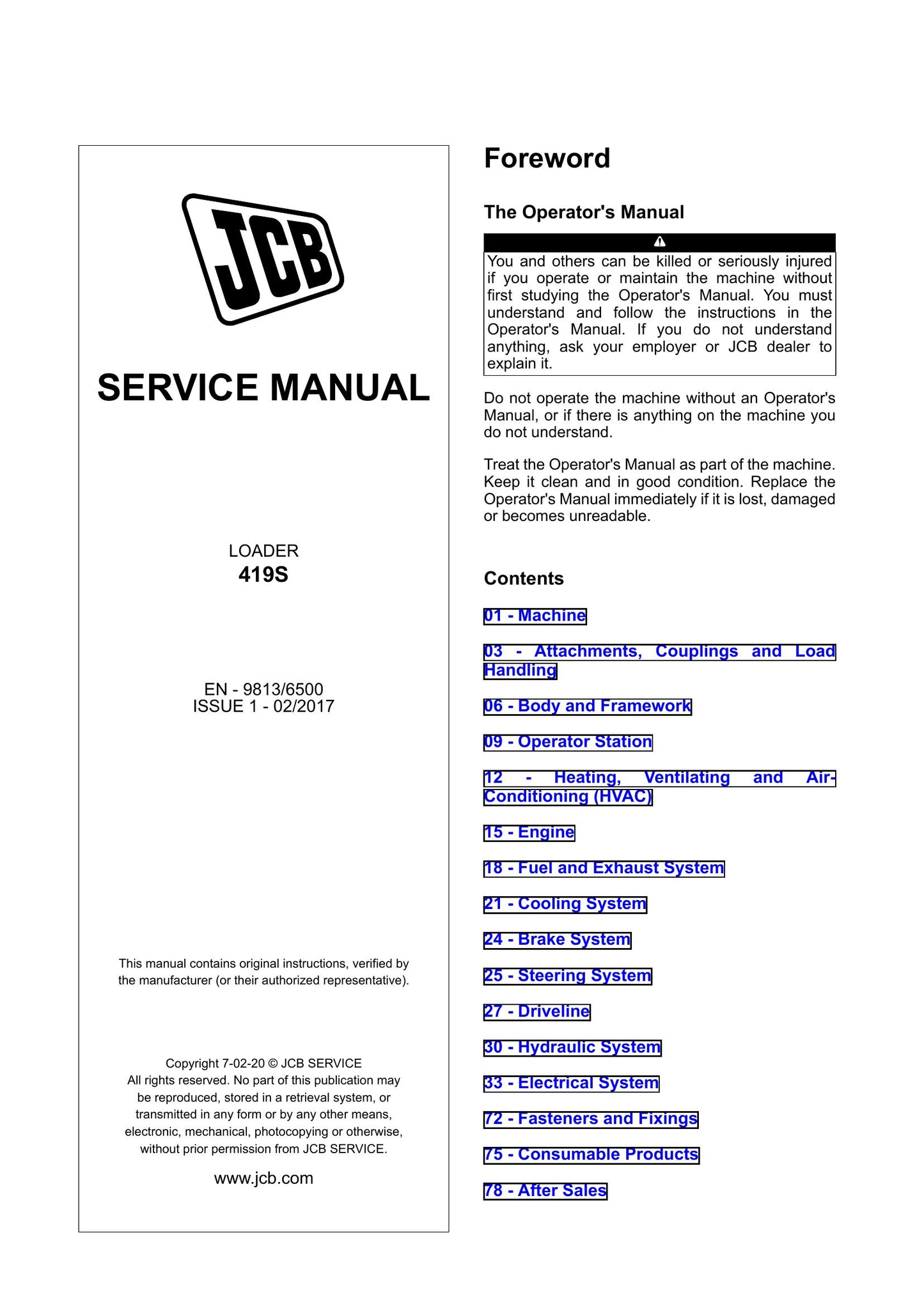 JCB 419S Wheel Loader Factory Workshop Service Manual 9813/6500