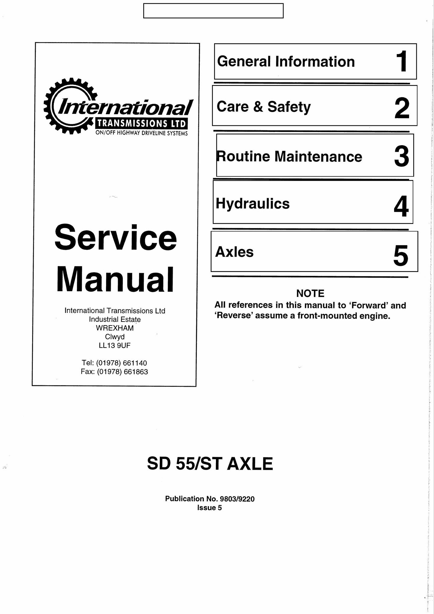 International Transmissions LTD SD 55/ST Axle Factory Workshop Service Manual 9803/9220