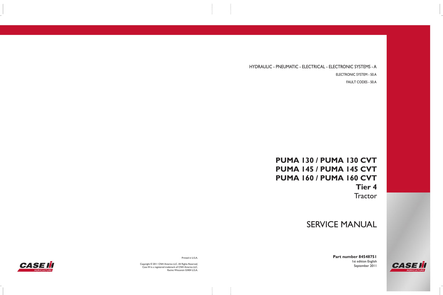 CASE PUMA 130 PUMA 130 CVT PUMA 145 PUMA 145 CVT PUMA 160 PUMA 160 CVT Tractor Factory Workshop Service Manual 84548749