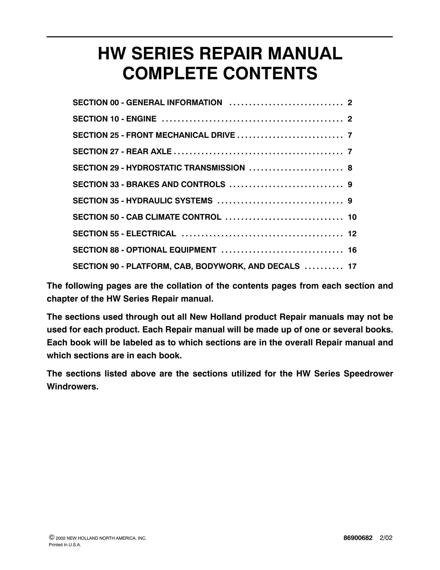 New Holland HW Series Speedrower Windrower Factory Workshop Repair Manual 86900682