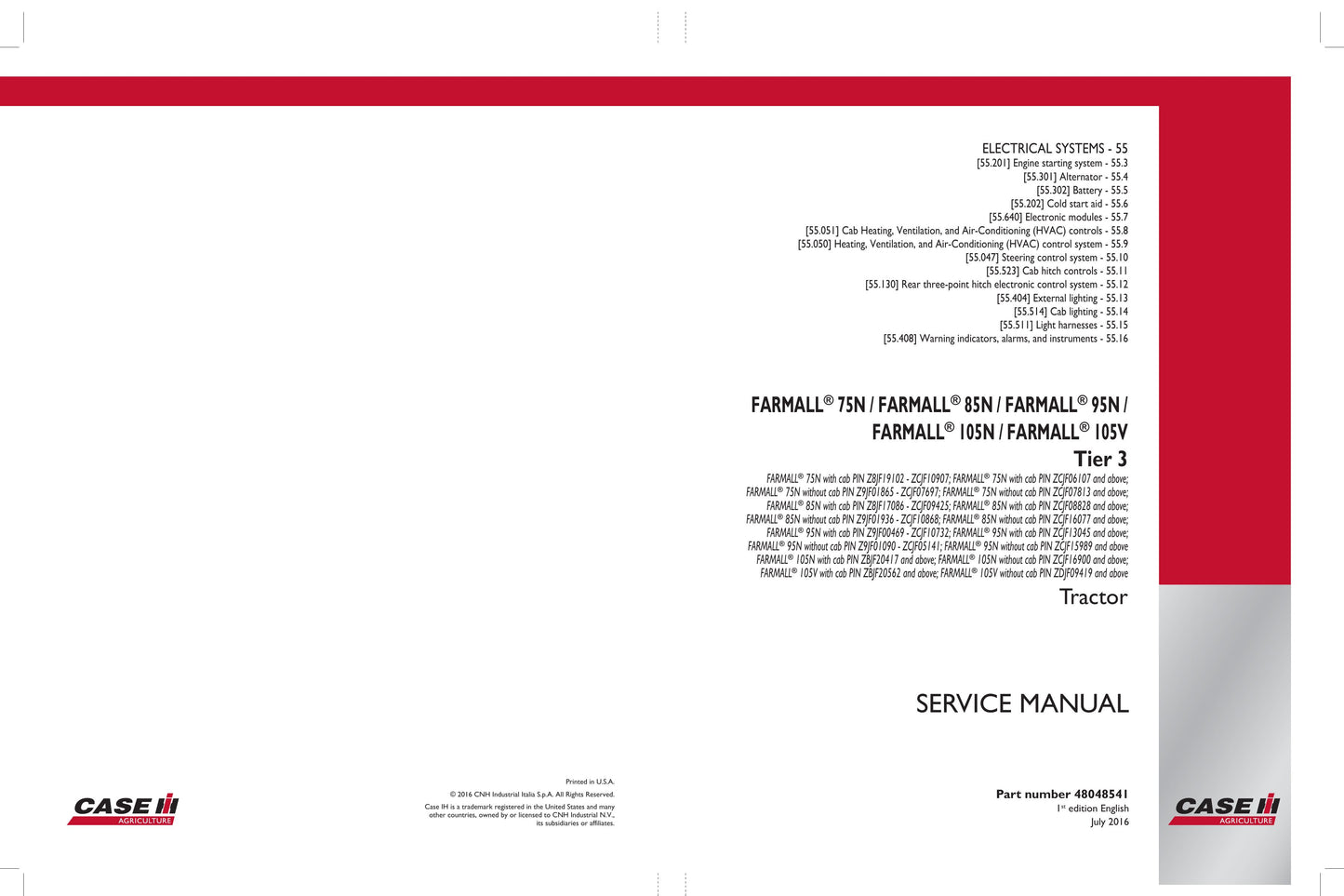 CASE Farmall 75N Farmall 85N Farmall 95N Farmall 105N Farmall 105V Tractor Factory Workshop Service Manual 48048541