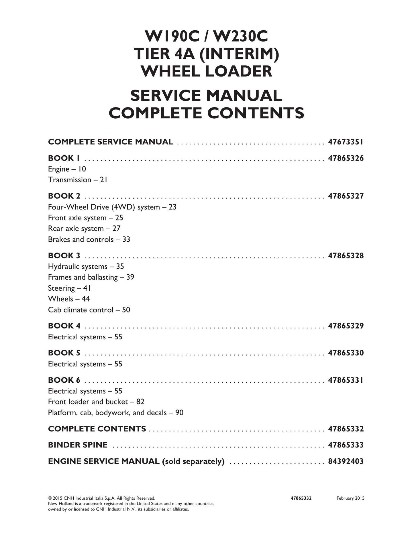 New Holland W190C W230C Wheel Loader Factory Workshop Service Manual 47865326