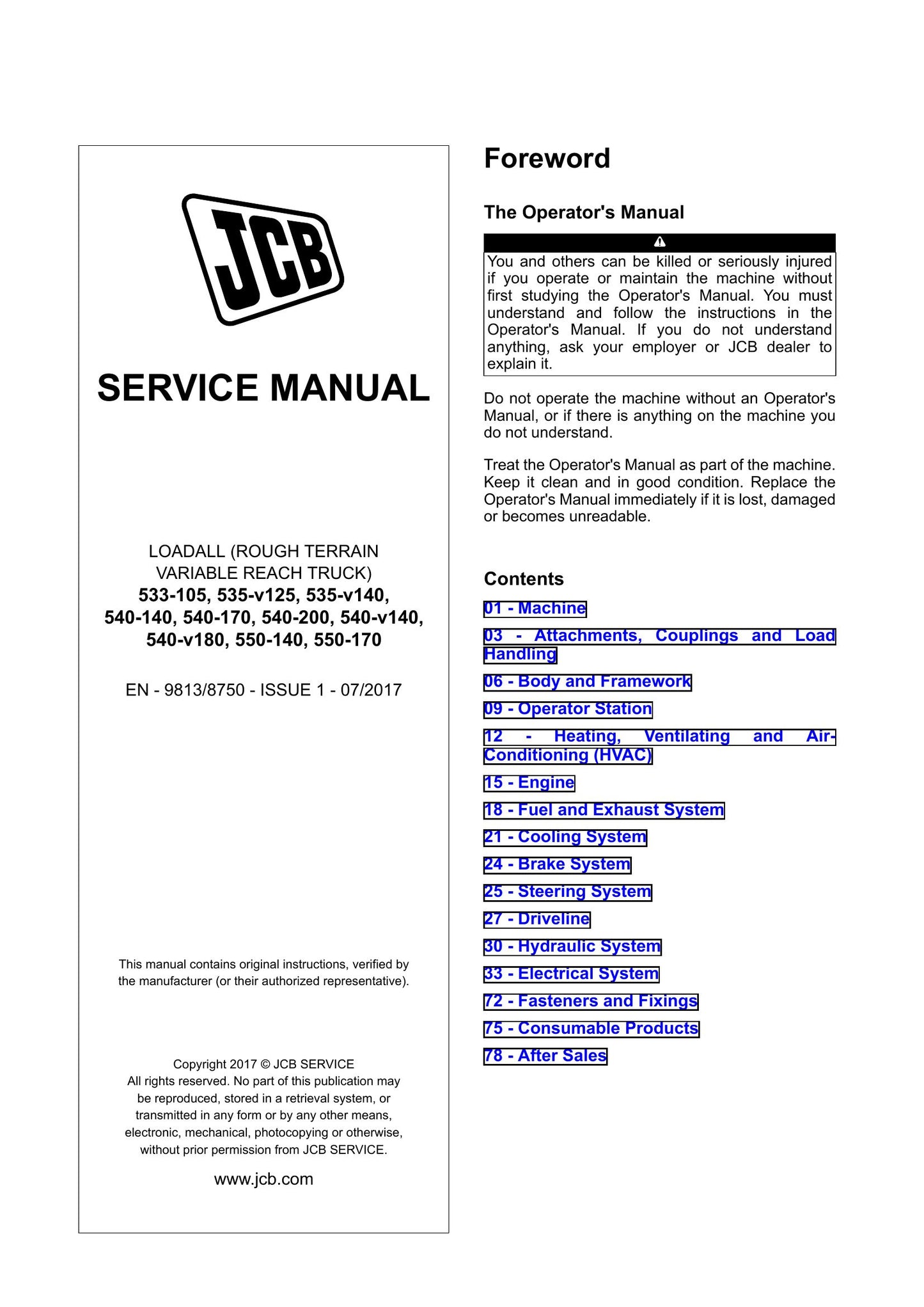 JCB 533-105 535-v125 535-v140 540-140 540-170 540-200 540-v140 540-v180 550-140 550-170 Loadall Factory Workshop Service Manual 9813/8750