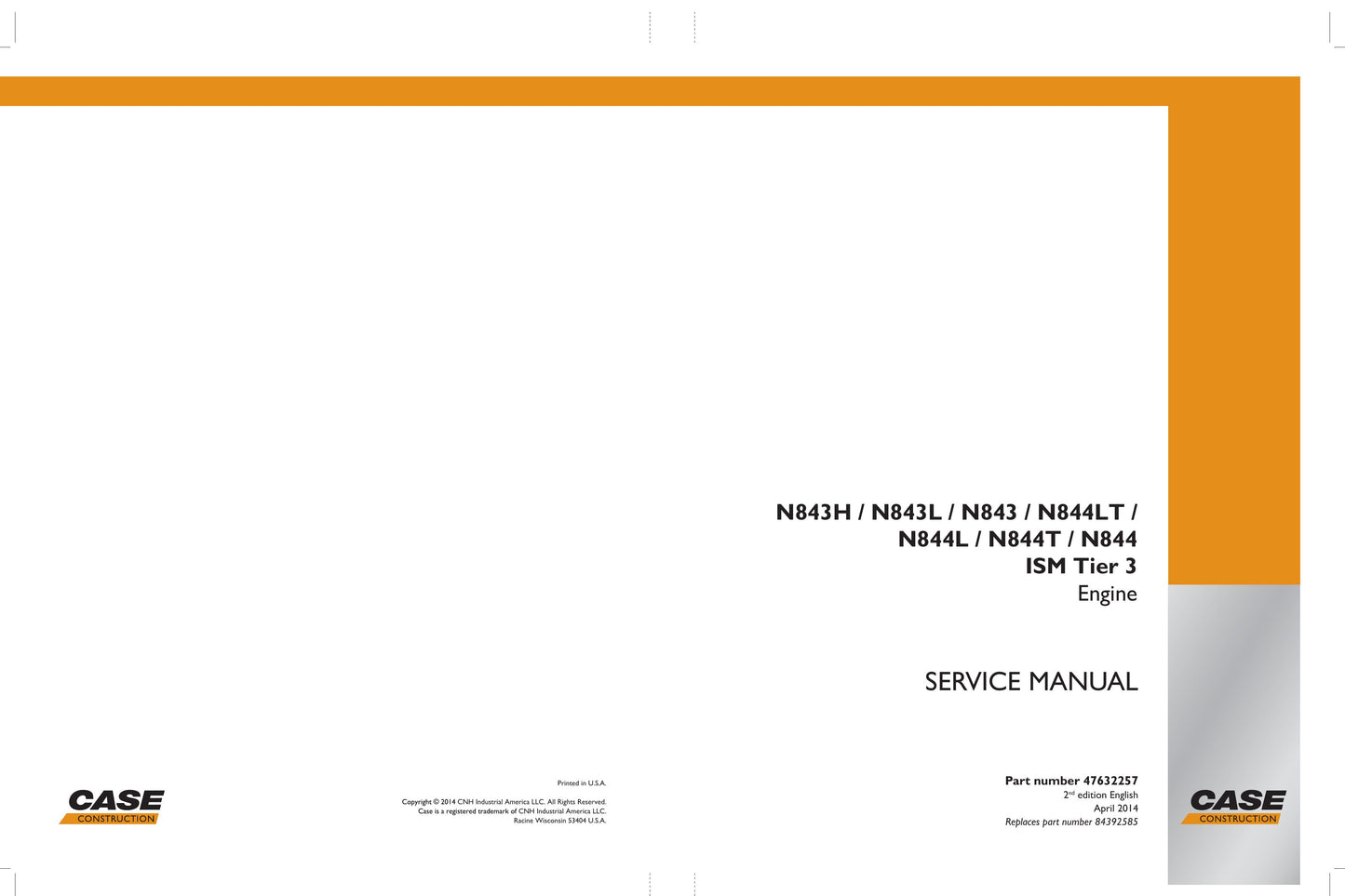 CASE N843H N843L N843 N844LT N844L N844T N844 Engine Factory Workshop Service Manual 47632257