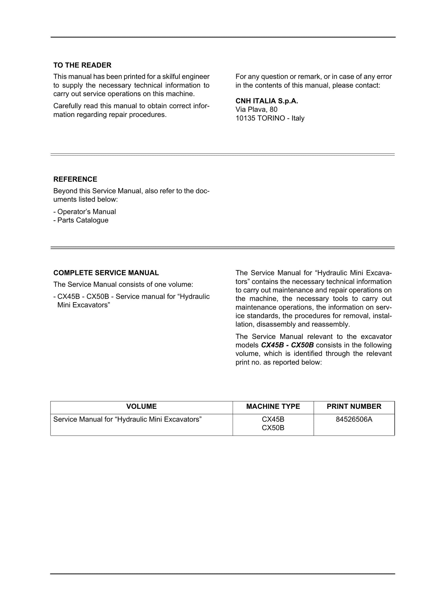CASE CX45B CX50B Crawler Excavator Factory Workshop Service Manual 84526506A