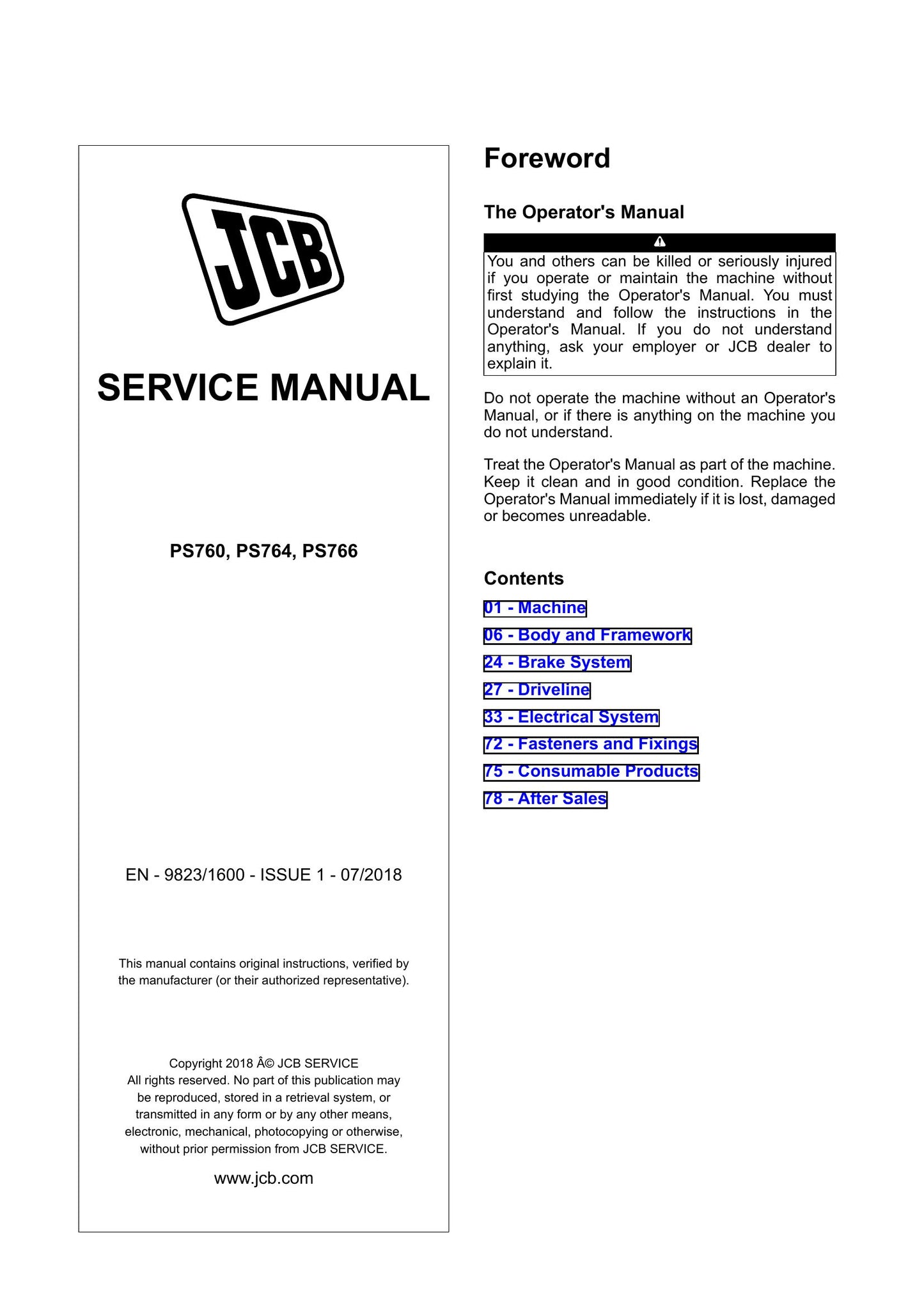 JCB PS760 PS764 PS766 Telehandler Factory Workshop Service Manual 9823/1600