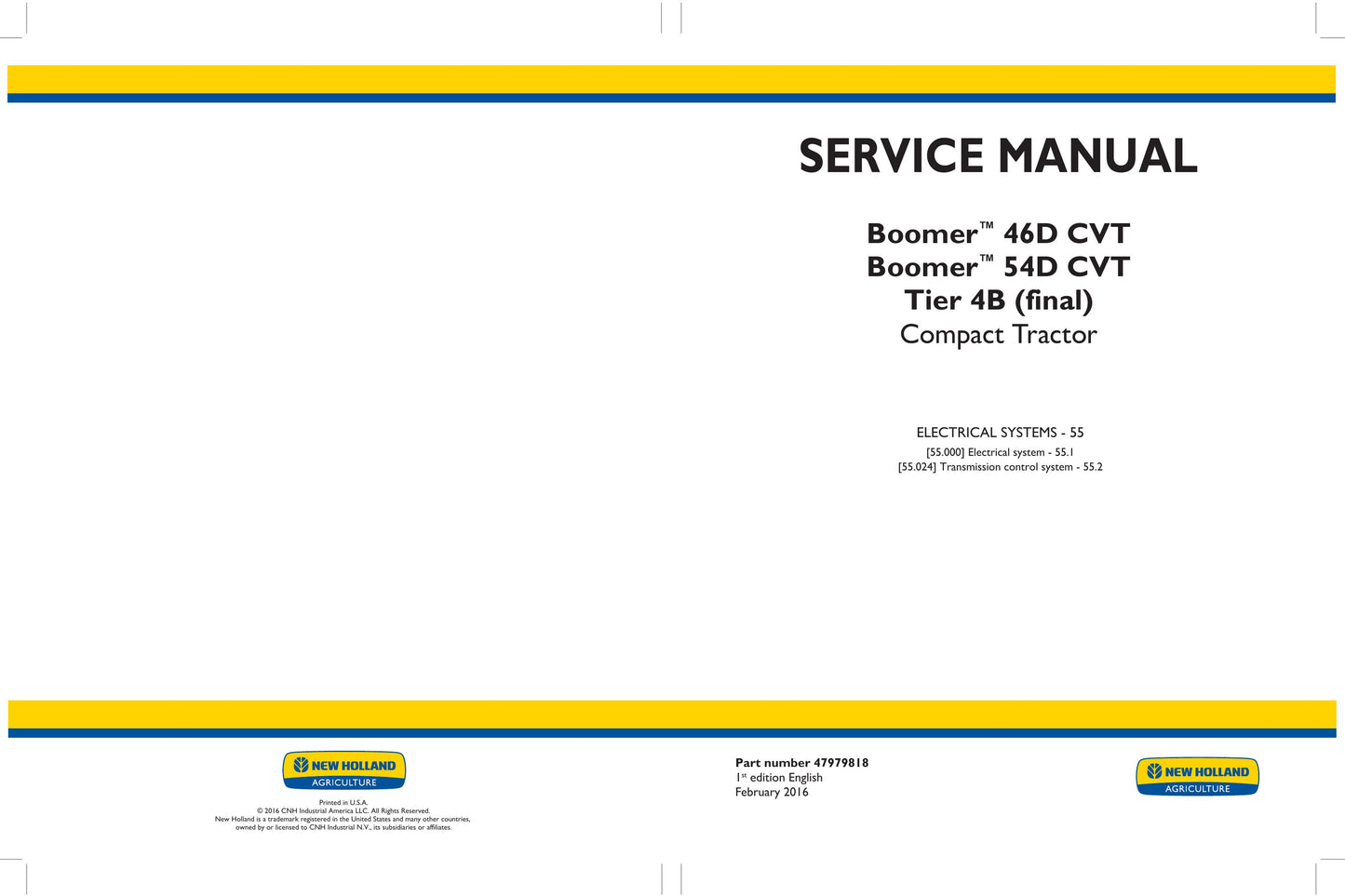 New Holland Boomer™ 46D CVT Boomer™ 54D CVT Compact Tractor Factory Workshop Service Manual 47979818