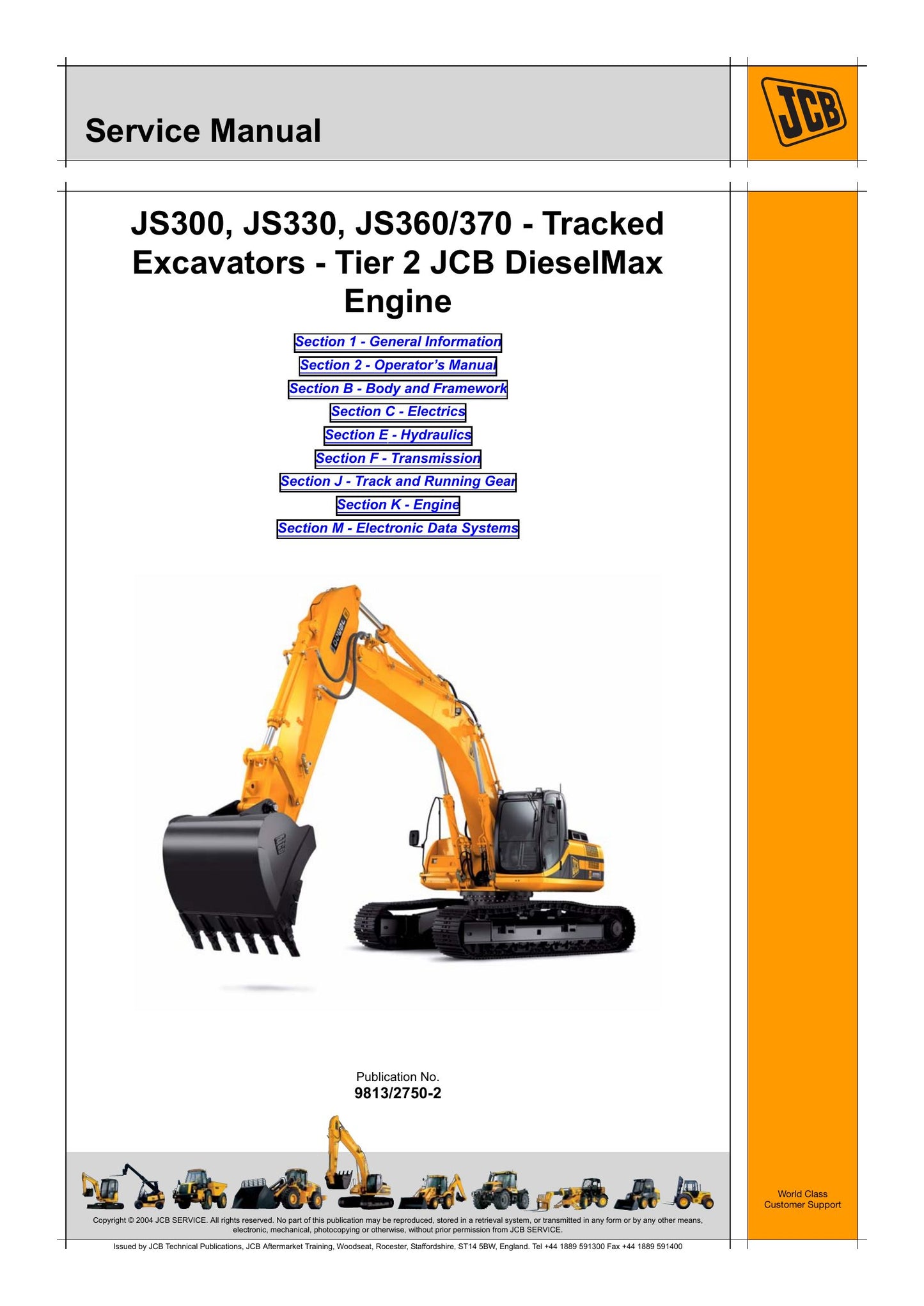JCB JS300 JS330 JS360/370 Tracked Excavator Factory Workshop Service Manual 9813/2750-2