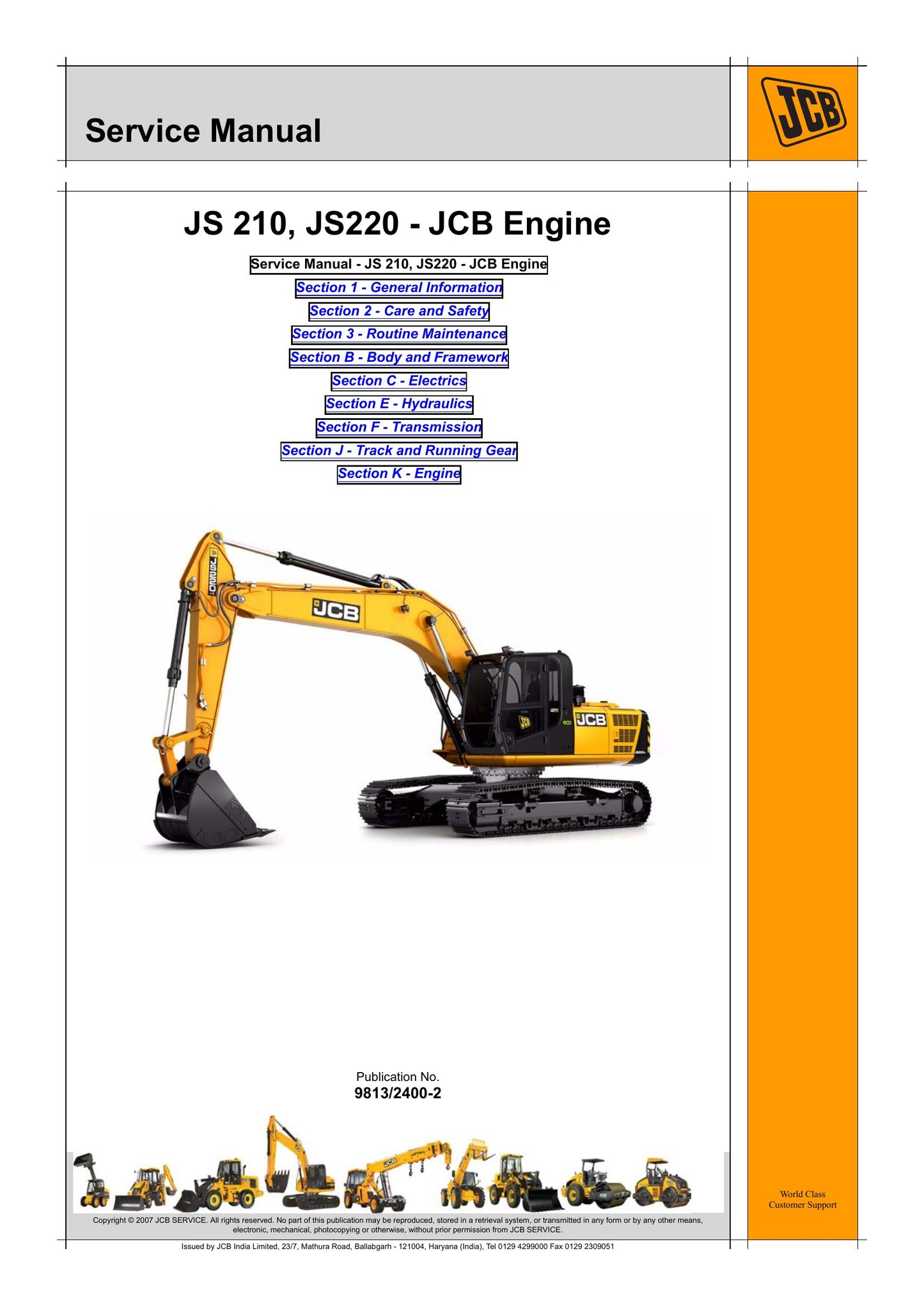 JCB JS210 JS220 Crawler Excavator Factory Workshop Service Manual 9813/2400-2