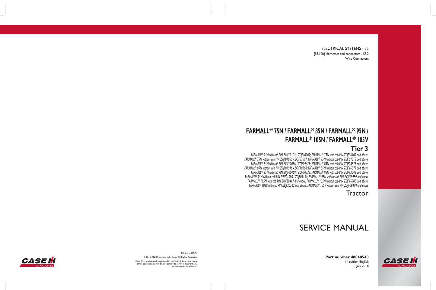 CASE FARMALL 75N 95N 105N 105V Tractor Factory Workshop Service Manual 48048540