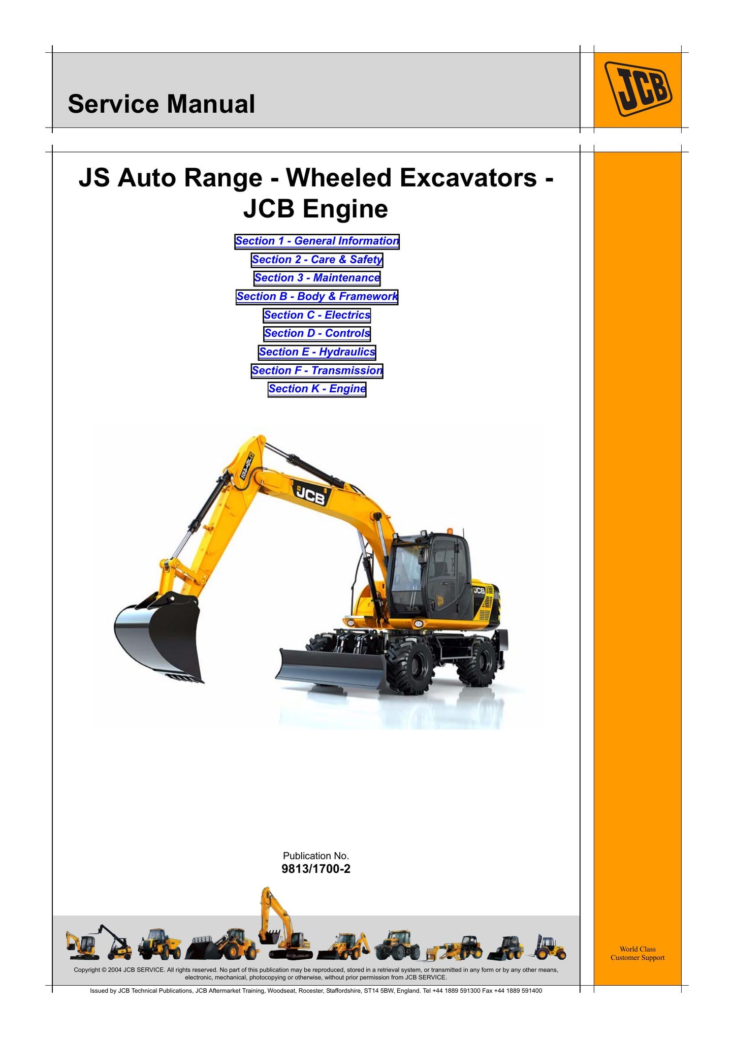 JCB JS145W JS160W JS200 JS115W-205W Wheeled Excavator Factory Workshop Service Manual 9813/1700-2