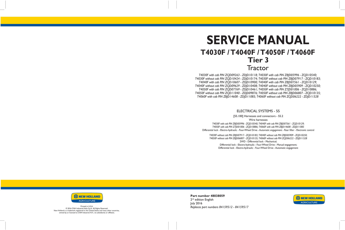 New Holland T4030F T4040F T4050F T4060F Tractor Factory Workshop Service Manual 48038056