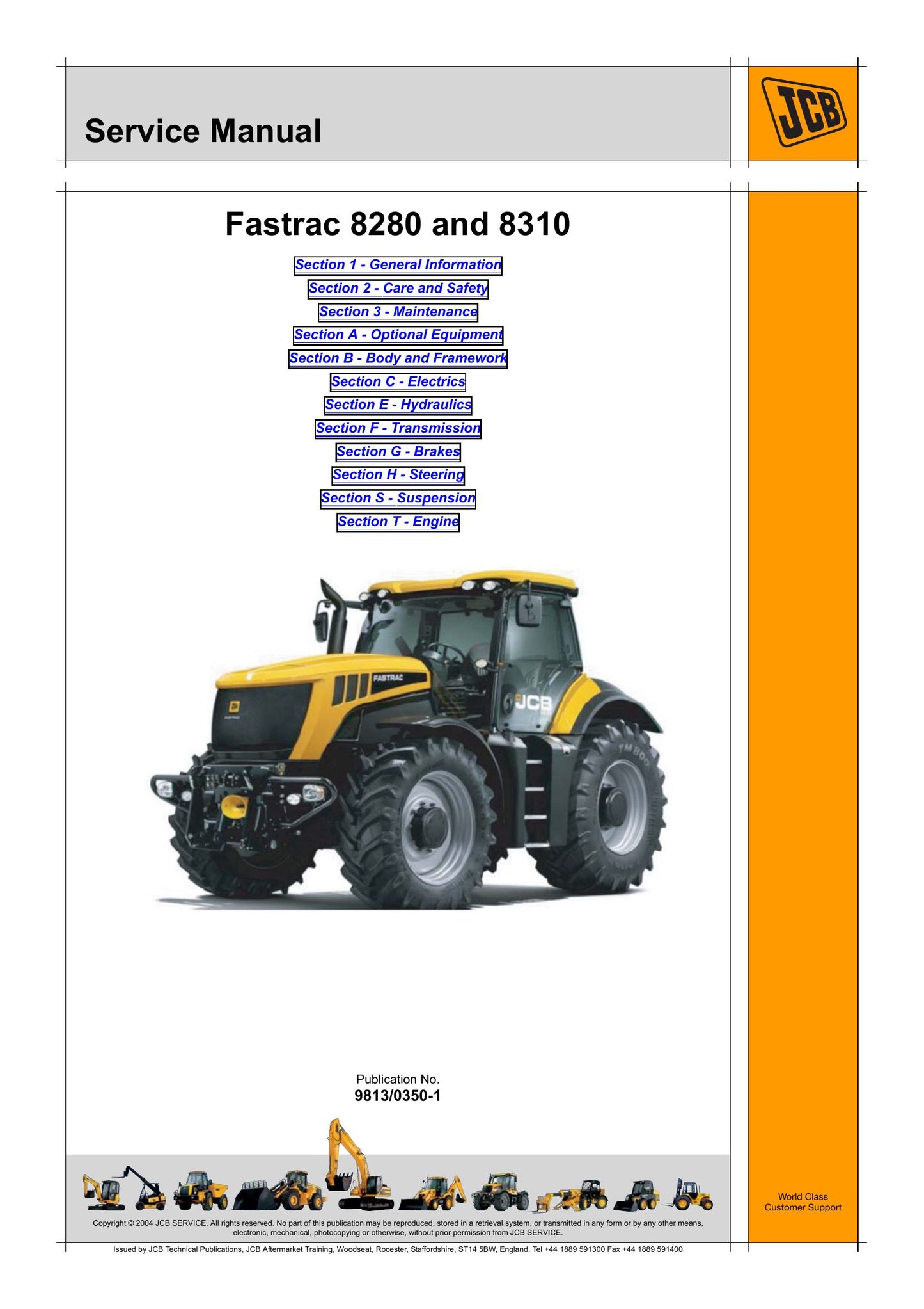 JCB 8280 8310 Tractor Factory Workshop Service Manual 9813/0350-1