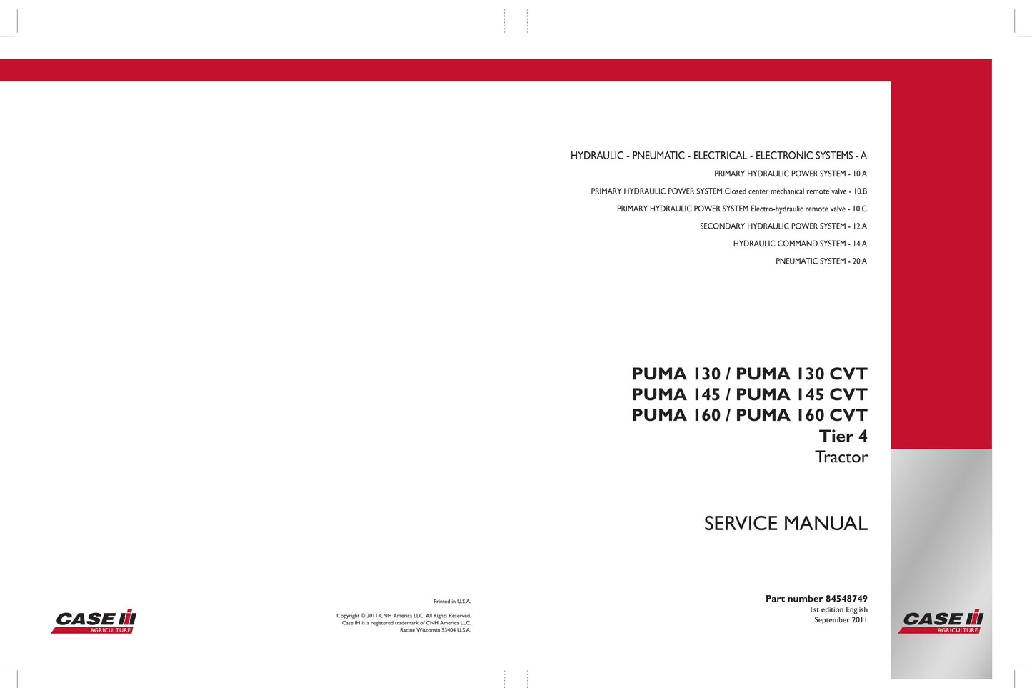 CASE PUMA 130 PUMA 130 CVT PUMA 145 PUMA 145 CVT PUMA 160 PUMA 160 CVT Tractor Factory Workshop Service Manual 84548749