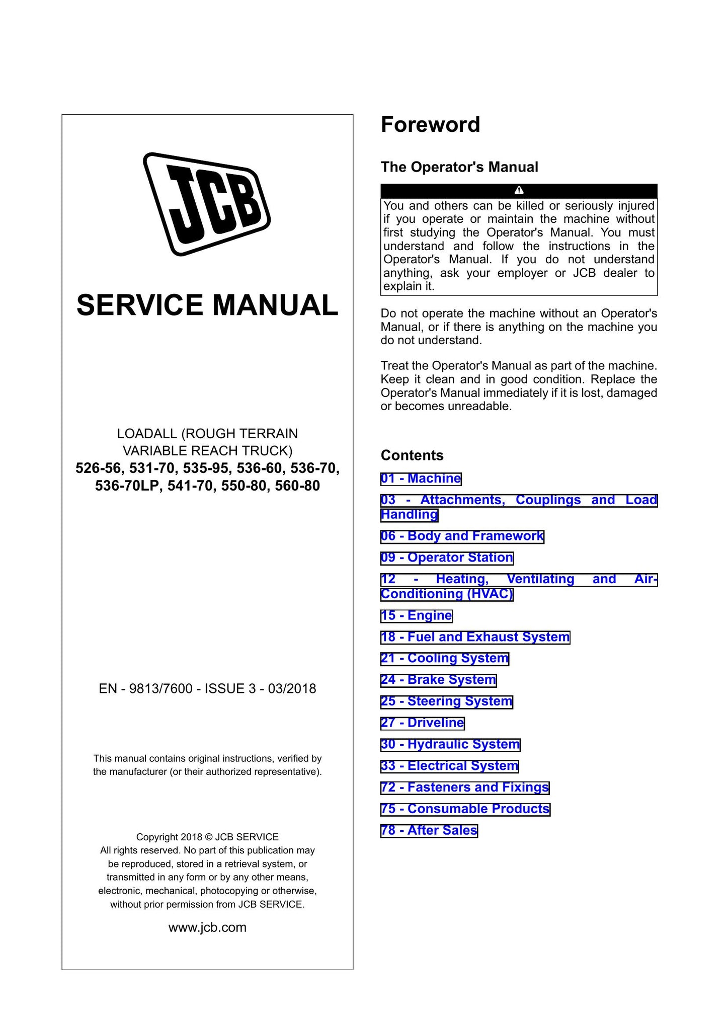 JCB 526-56 531-70 535-95 536-60 536-70 536-70LP 541-70 550-80 560-80 Loadall Factory Workshop Service Manual 9813/7600