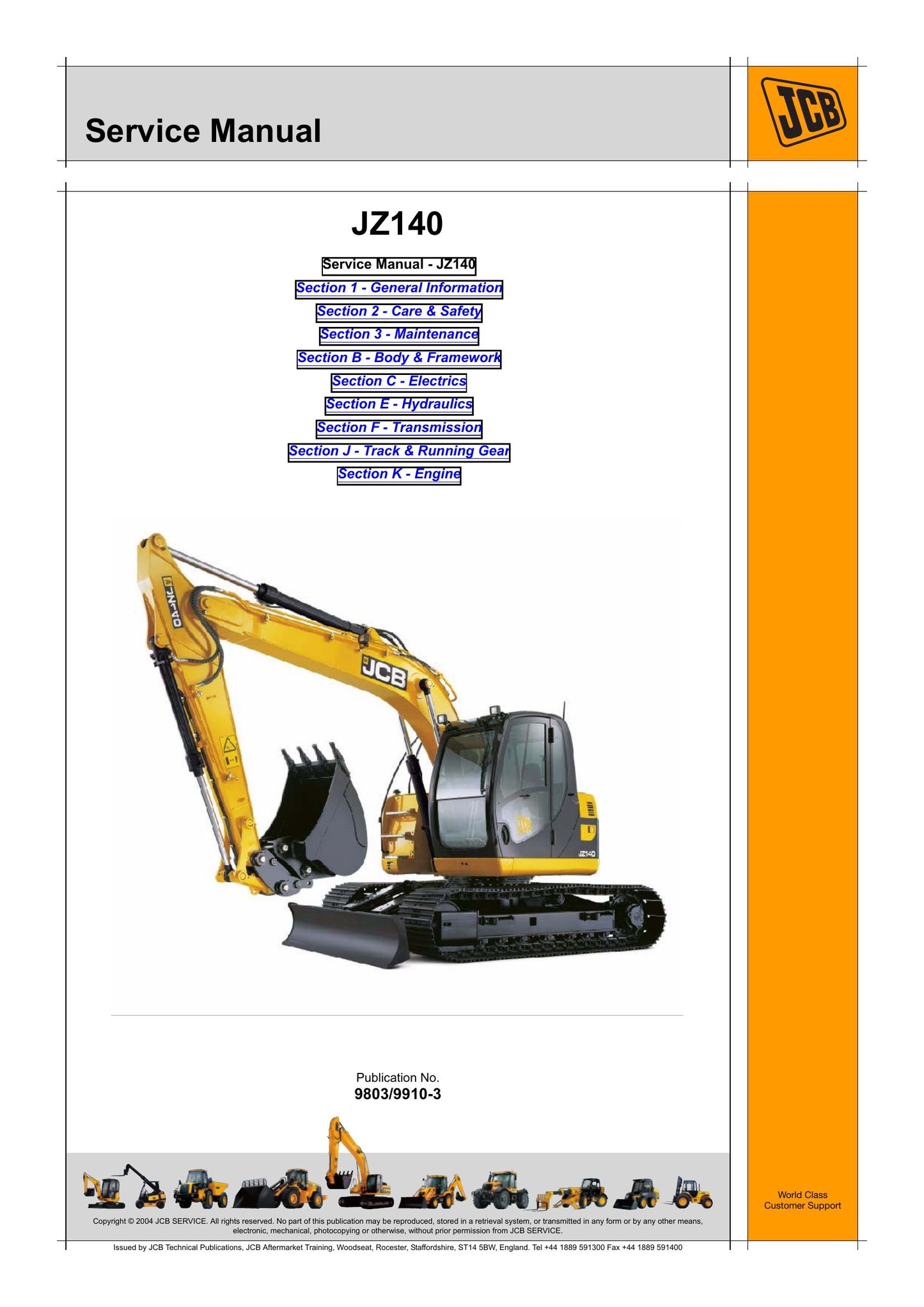 JCB JZ140 Crawler Excavator Factory Workshop Service Manual 9803/9910