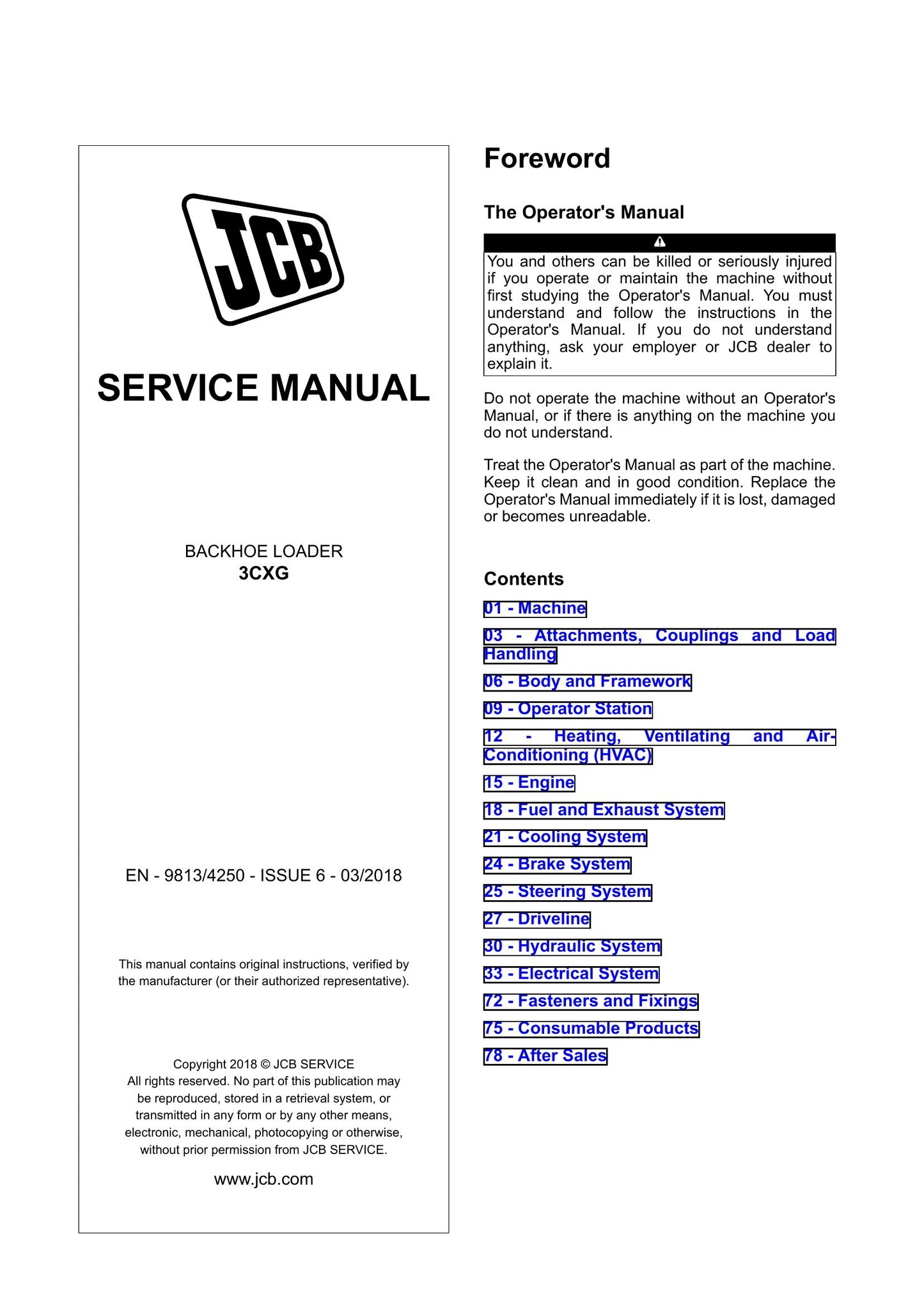 JCB 3CXG Backhoe Loader Factory Workshop Service Manual 9813/4250