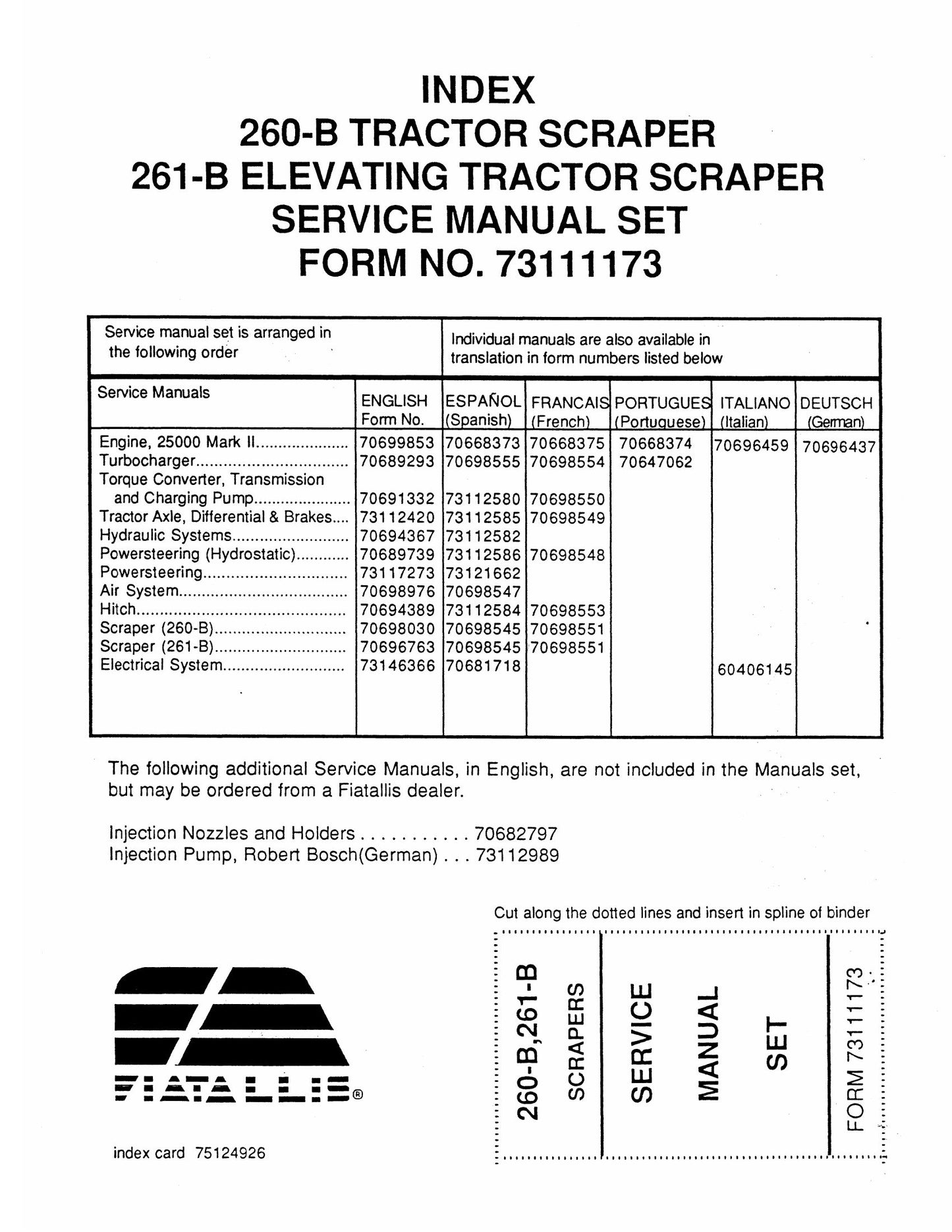 FIAT-ALLIS 260-B 261-B Tractor Scraper Factory Workshop Service Manual 73111173