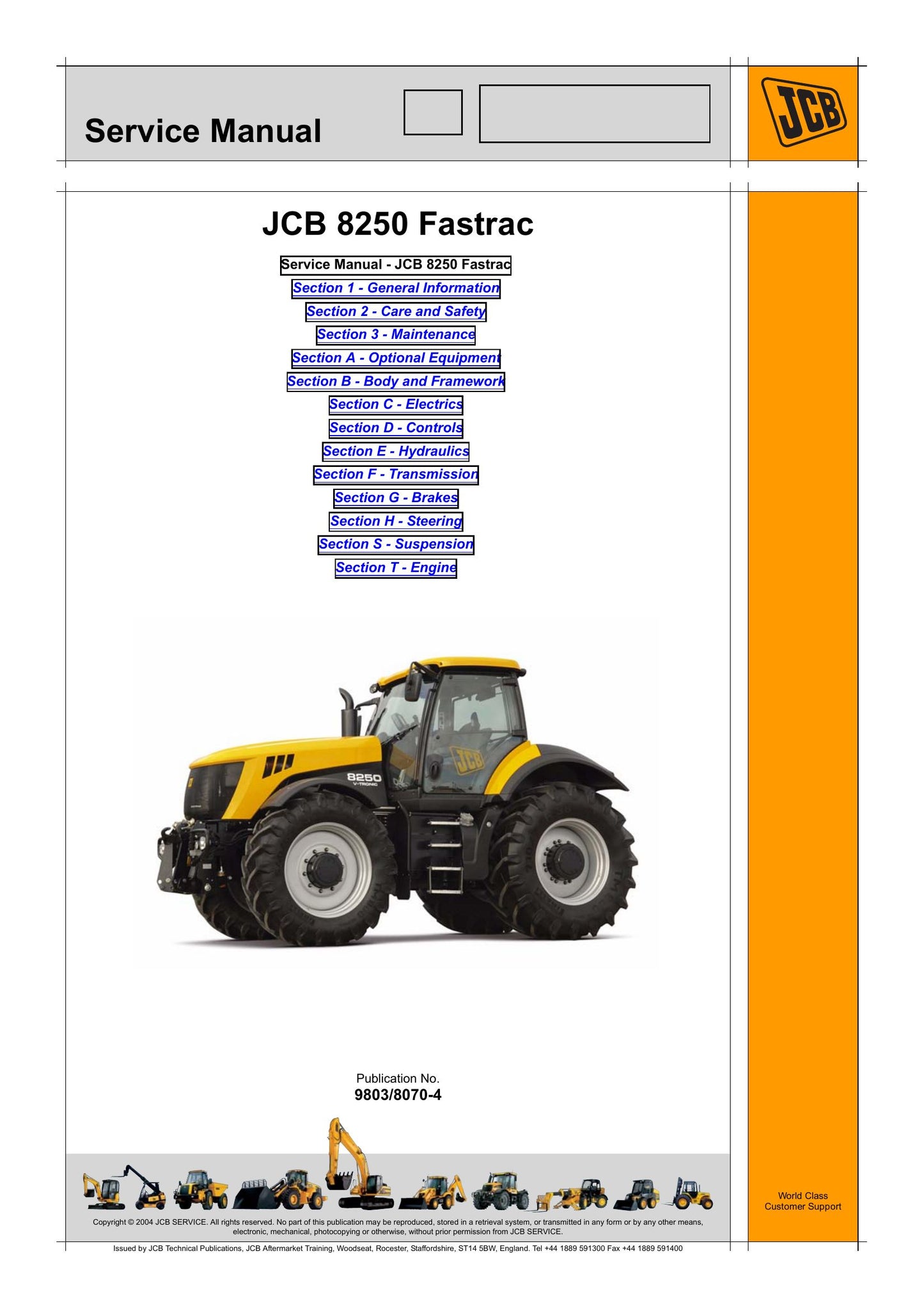 JCB 8250 Fastrac Tractor Factory Workshop Service Manual 9803/8070