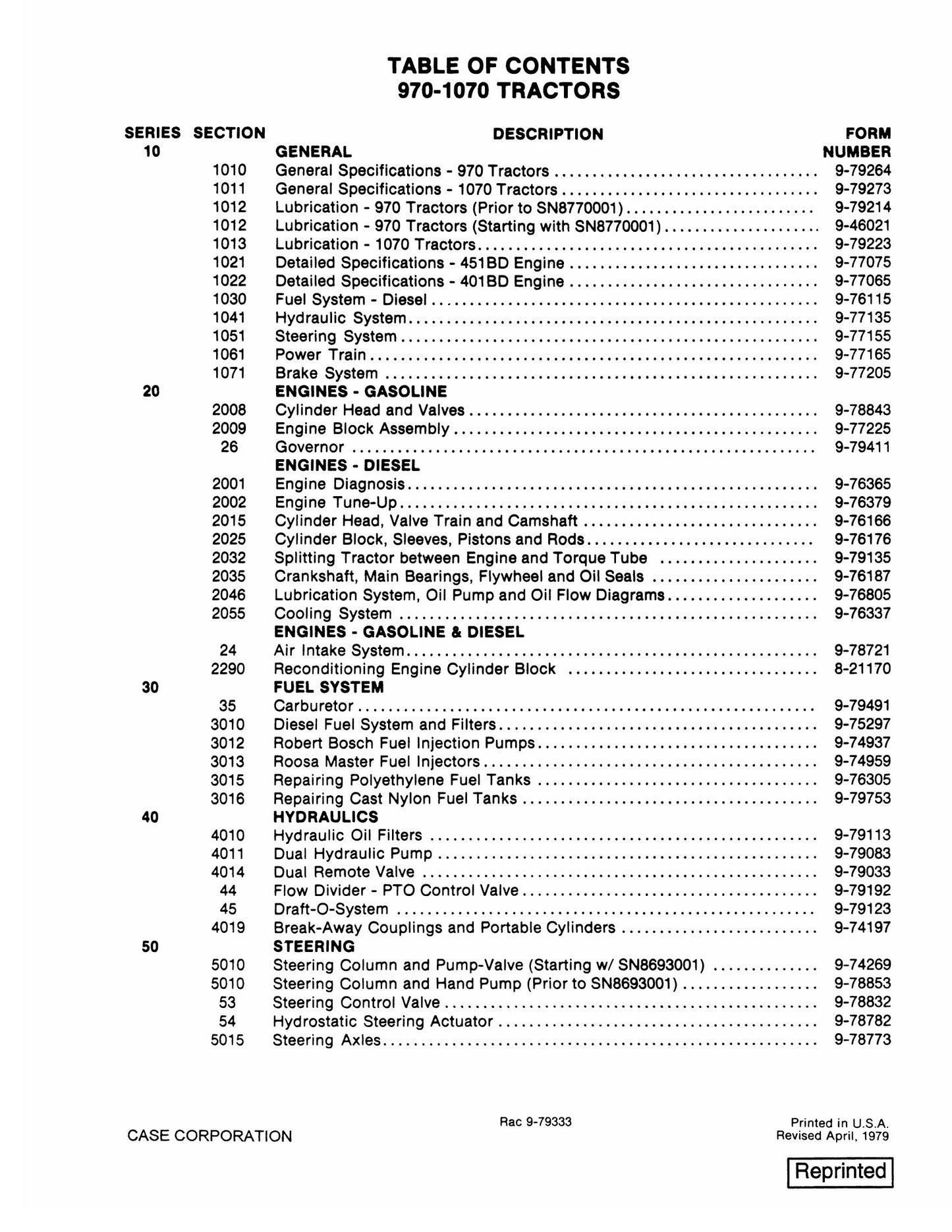 CASE 970 1070 Tractor Factory Workshop Service Manual Rac 9-79333