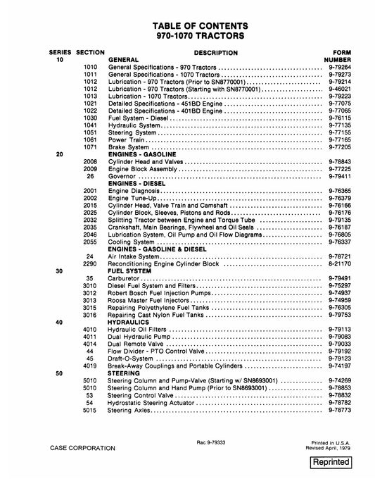 CASE 970 1070 Tractor Factory Workshop Service Manual Rac 9-79333