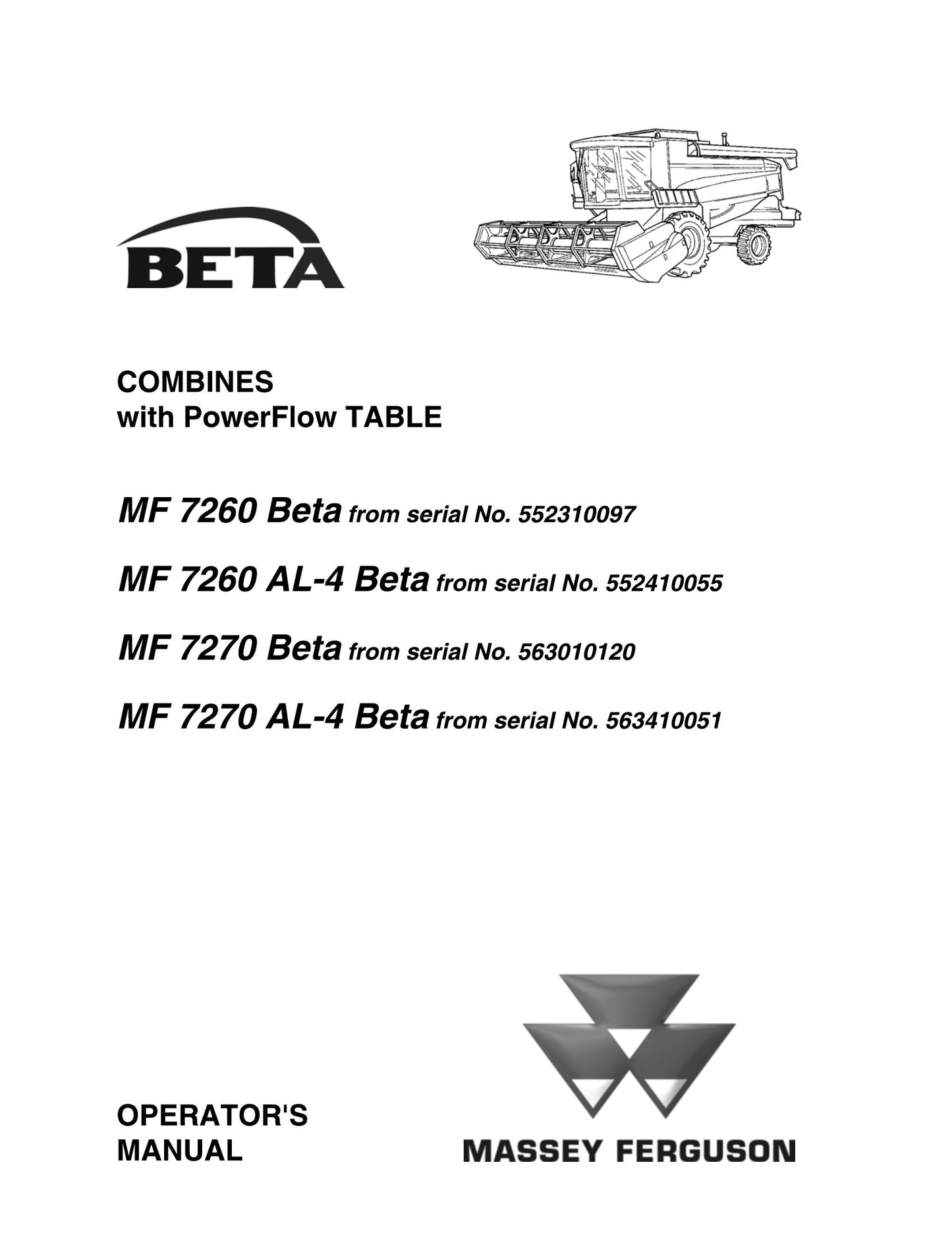 MASSEY FERGUSON MF 7260 MF 7270 Combine Harvester Factory Workshop Operator Manual