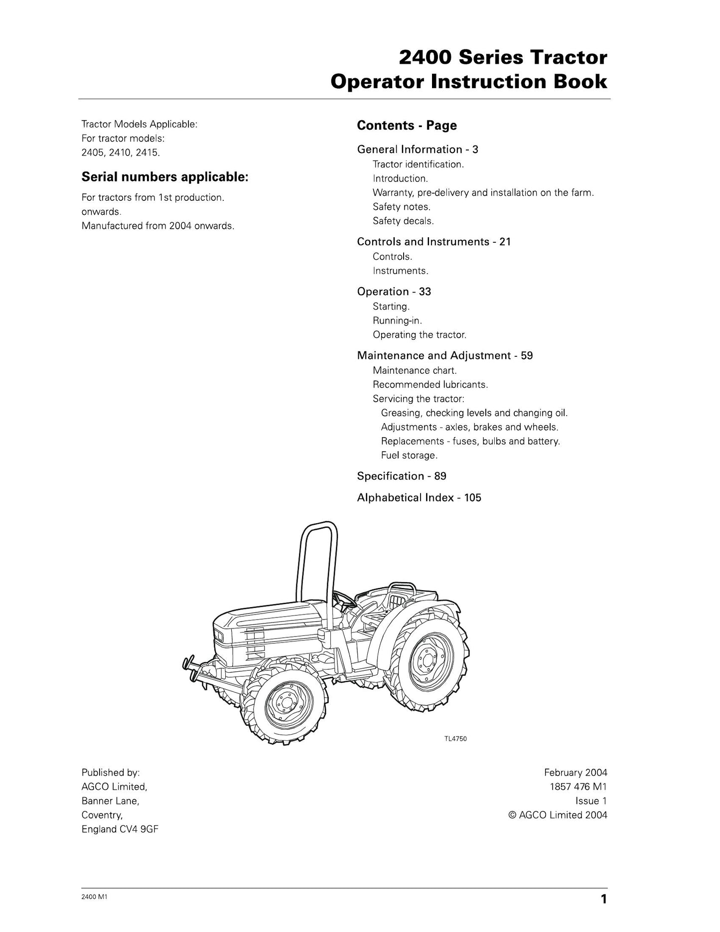 MASSEY FERGUSON 2405 2410 2415 Tractor Factory Workshop Operator Manual