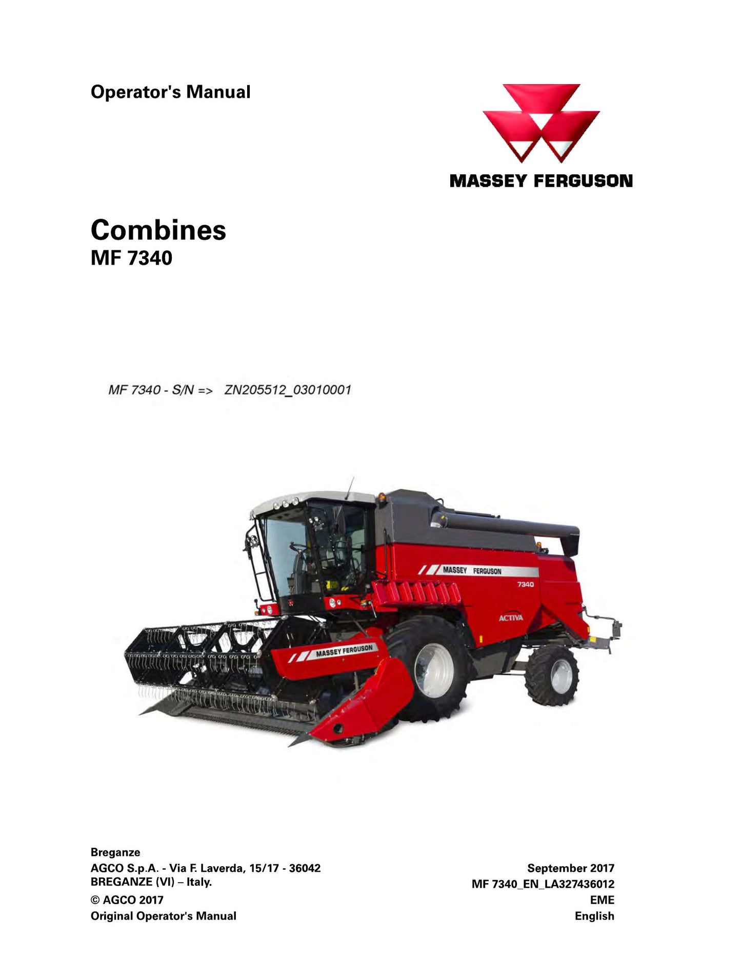 MASSEY FERGUSON MF 7340 Combine Factory Workshop Operator Manual