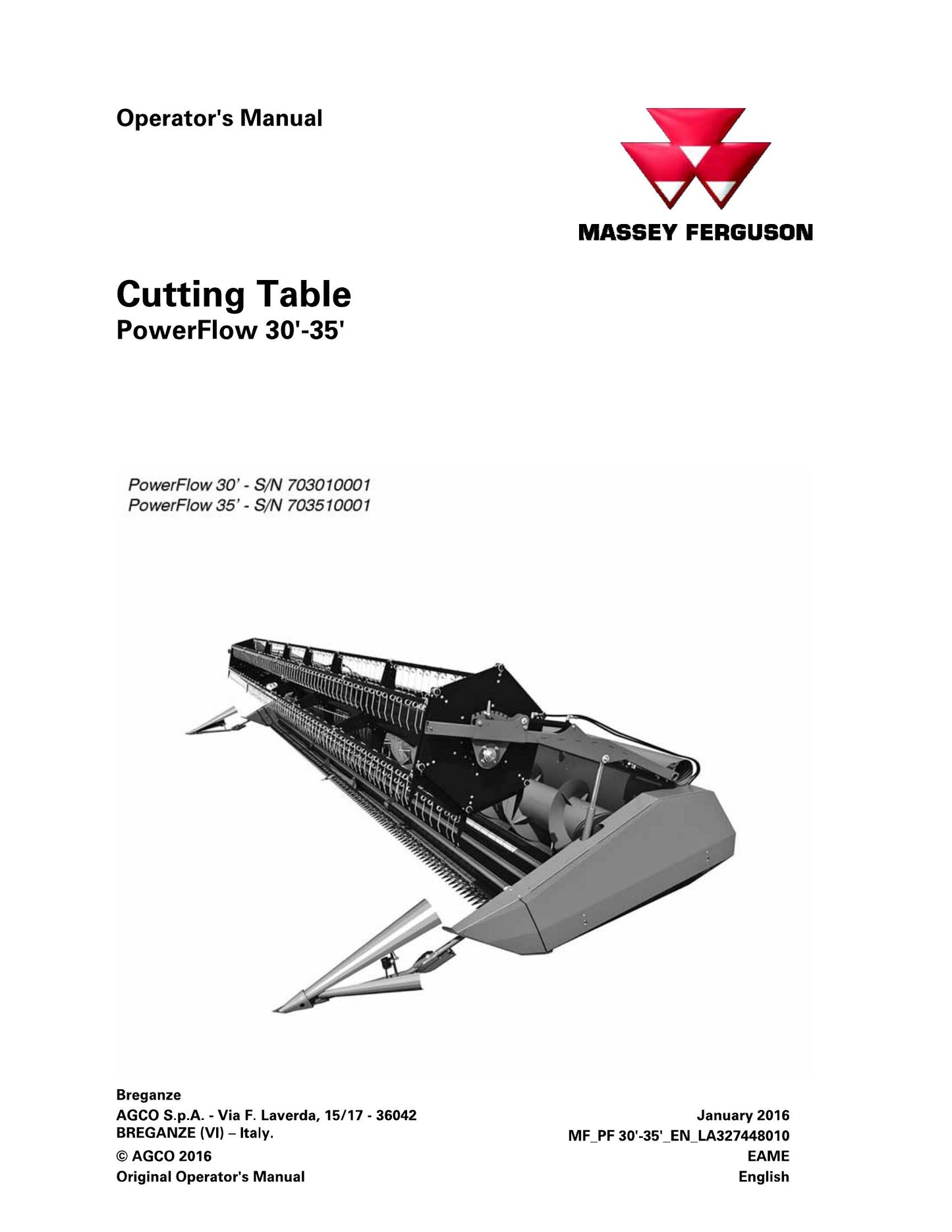MASSEY FERGUSON PowerFlow 30' PowerFlow 35' Cutting Table Factory Workshop Operator Manual