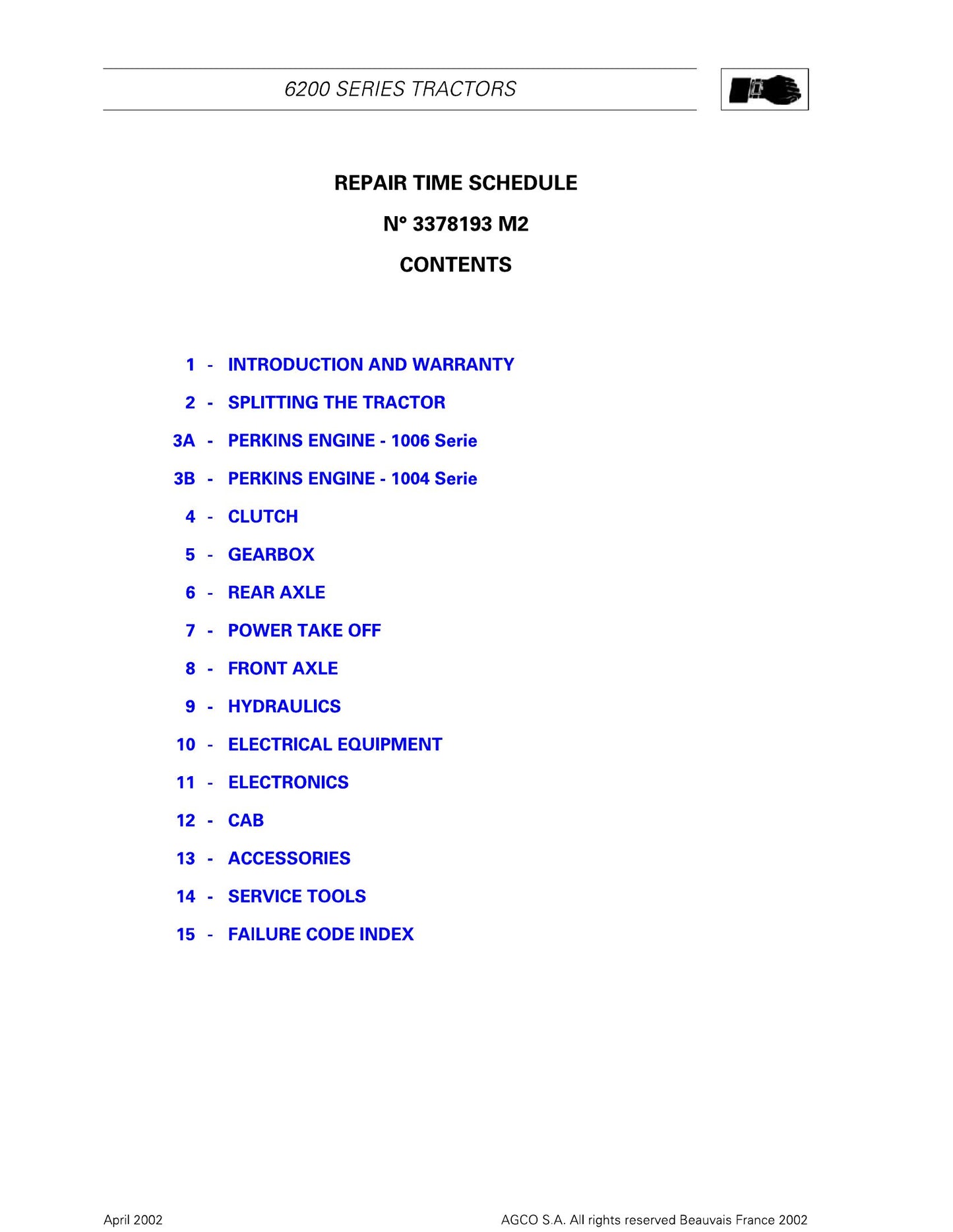 AGCO 6200 Series Tractor Repair Time Schedule 3378193 M2
