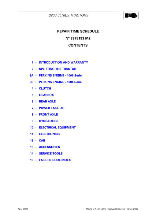 AGCO 6200 Series Tractor Repair Time Schedule 3378193 M2