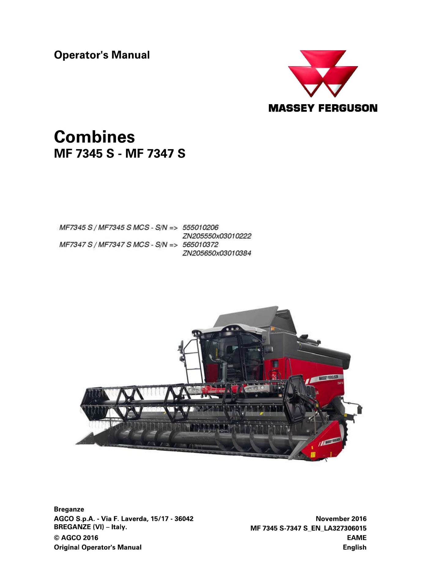 MASSEY FERGUSON MF 7345 S MF 7347 S Combine Factory Workshop Operator Manual