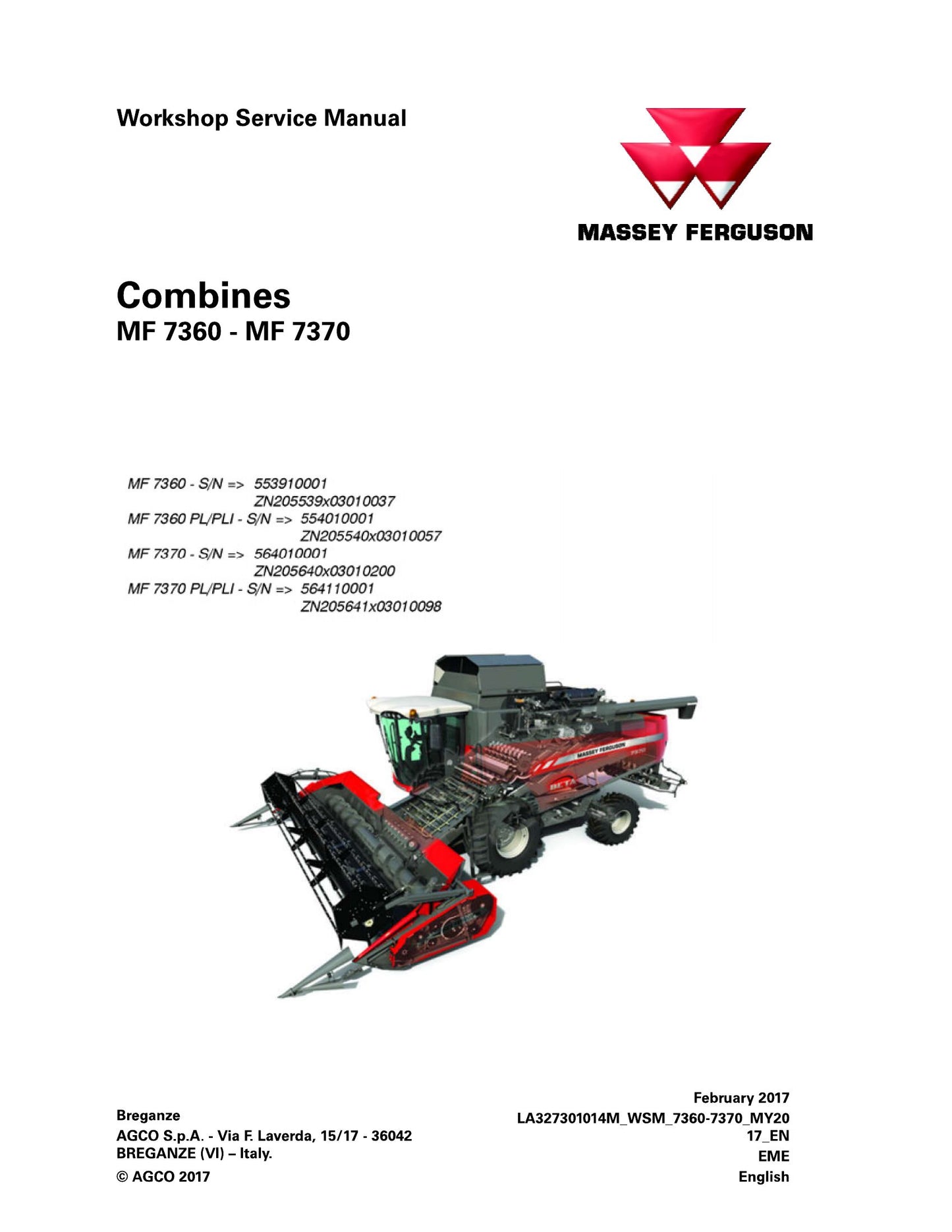MASSEY FERGUSON MF 7360 MF 7370 Combine Harvester Factory Workshop Operator Manual 327316014