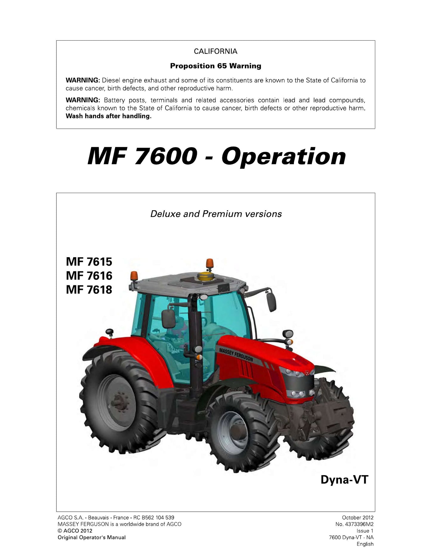 MASSEY FERGUSON MF7615 MF7616 MF7618 Tractor Factory Workshop Operator Manual 4373393M1