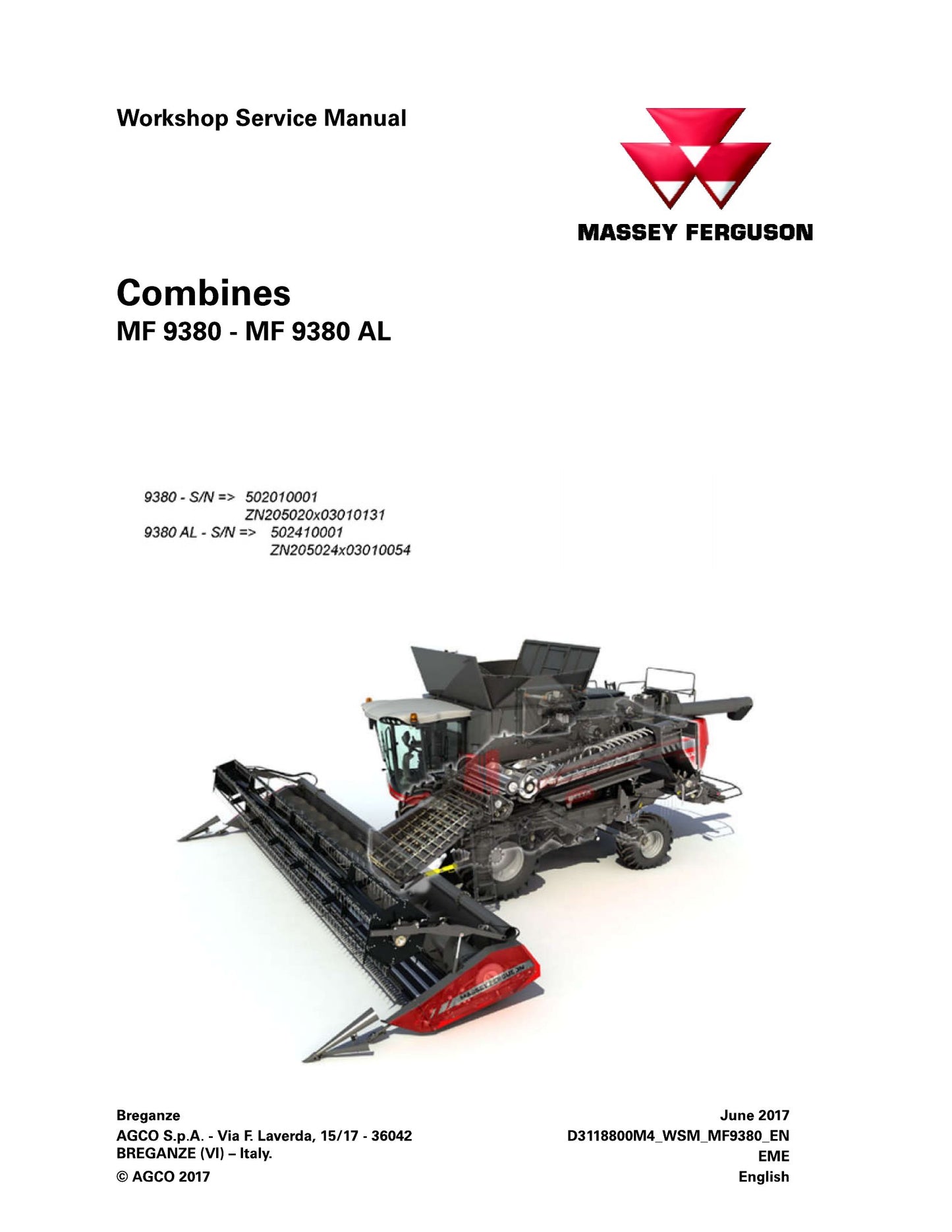 MASSEY FERGUSON MF 9380 MF 9380 AL Combine Harvester Factory Workshop Service Manual