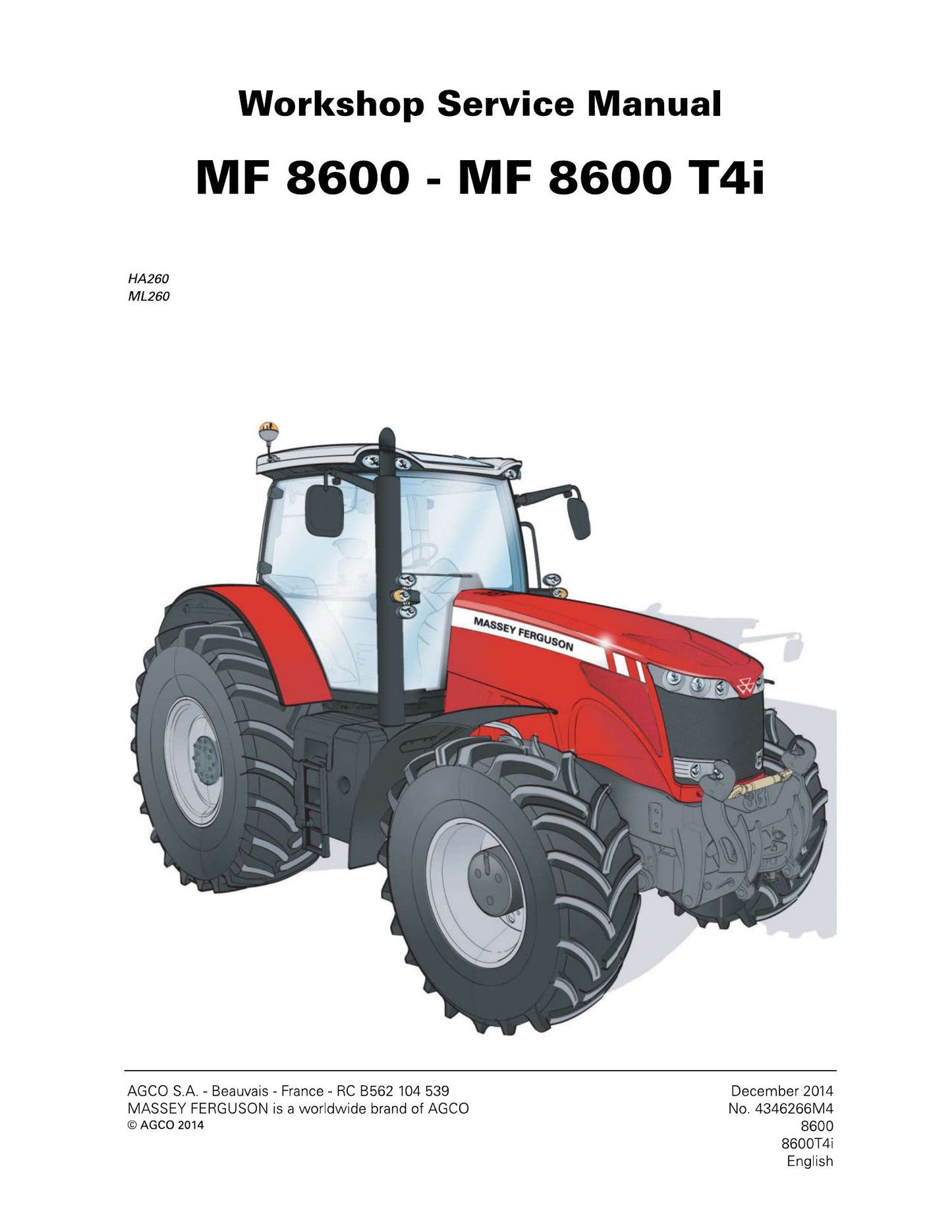 MASSEY FERGUSON MF 8600 MF 8600 T4i Tractor Factory Workshop Service Manual