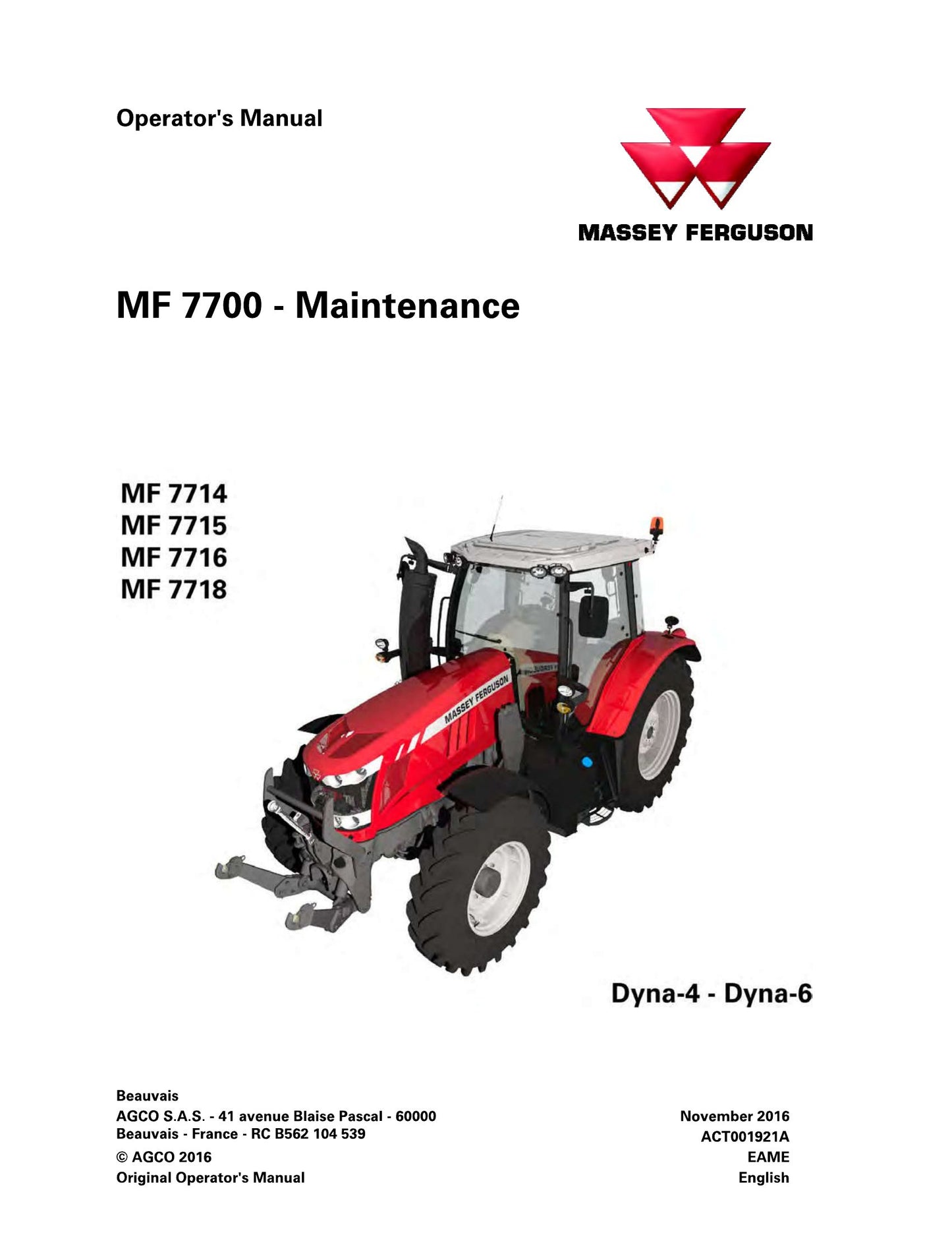 MASSEY FERGUSON MF 7714 MF 7715 MF 7716 MF 7718 Tractor Factory Workshop Operator Manual