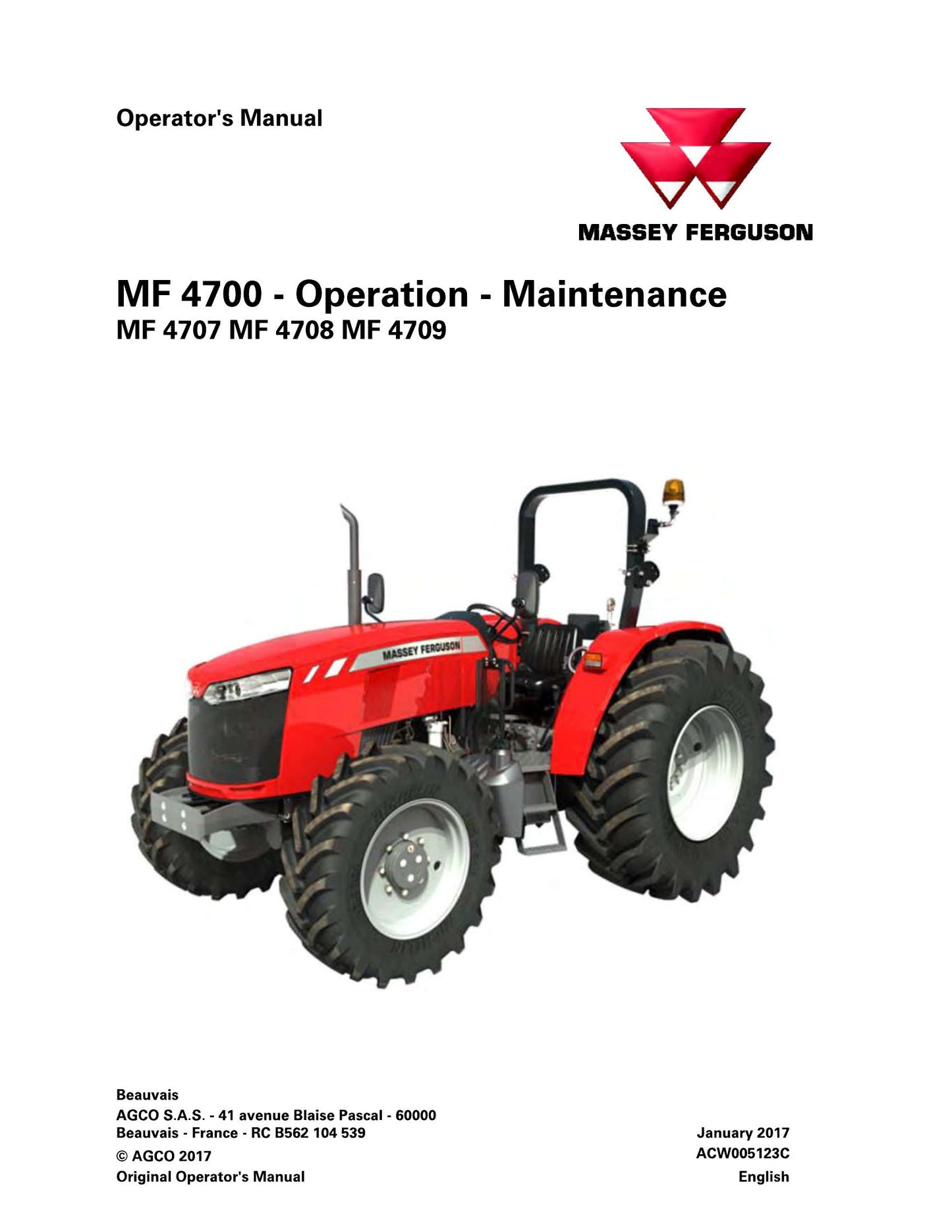 MASSEY FERGUSON MF 4700 MF 4707 MF 4708 MF 4709 Tractor Factory Workshop Operator Manual ACW005123C